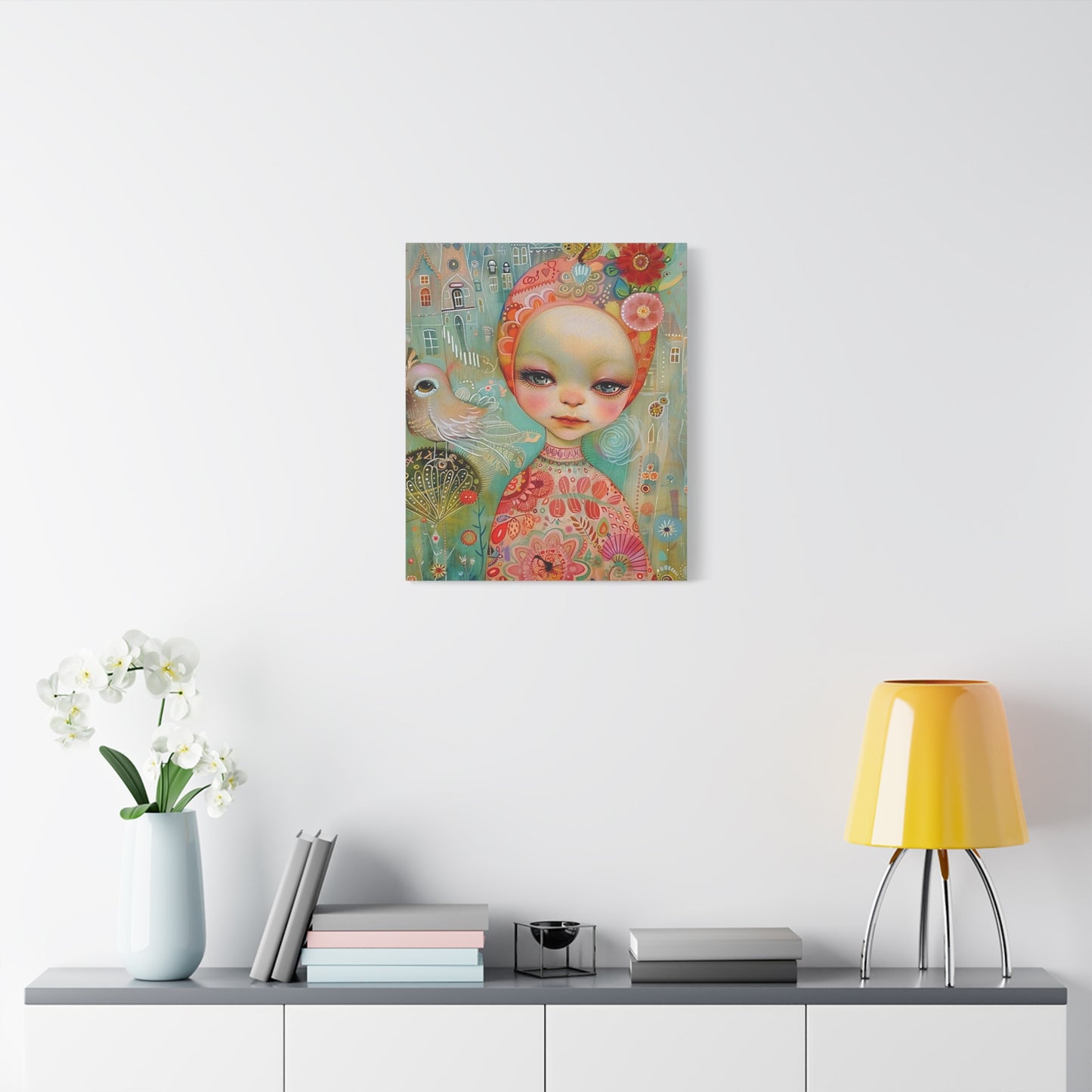 Whimsical Girl & Bird Matte Canvas Wall Art — Stretched Decorative Painting