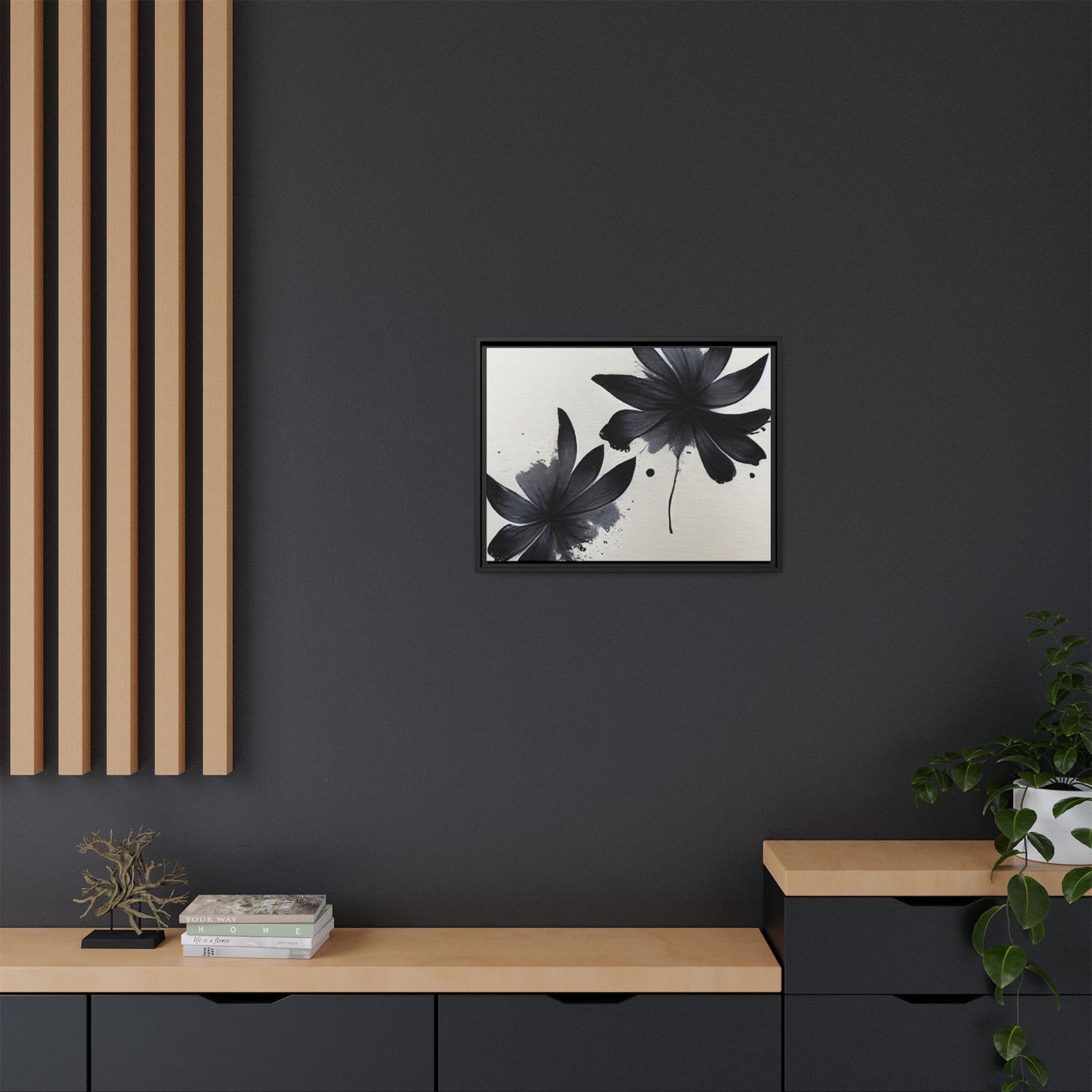 Framed Black Floral Matte Canvas Wall Art — Monochrome Botanical Print