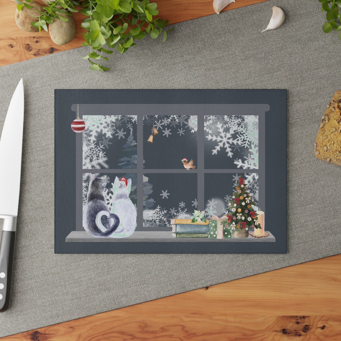 Glass Cutting Board - Cozy Winter Cats by Window Holiday Kitchen Decor