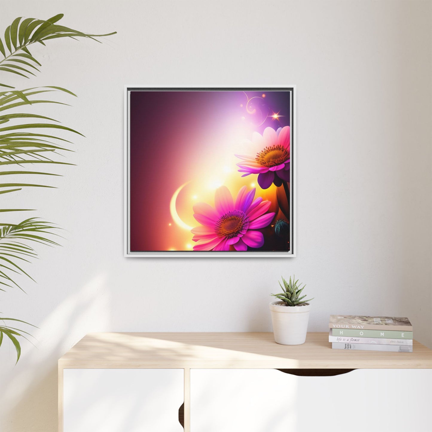 Framed Floral Canvas Art — Pink Daisies Sunset Wall Print