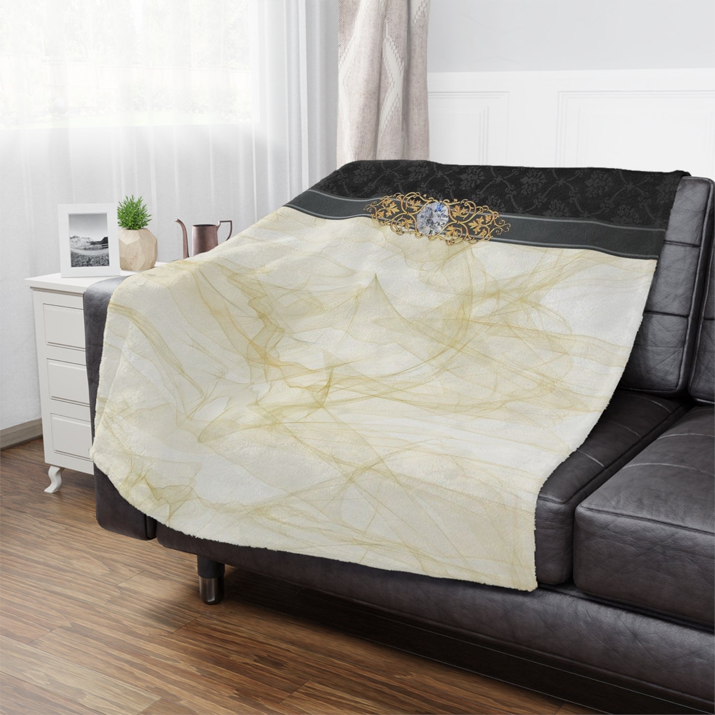 Luxury Gold Smoke Minky Blanket — Elegant Damask Accent with Ornate Gem Detail