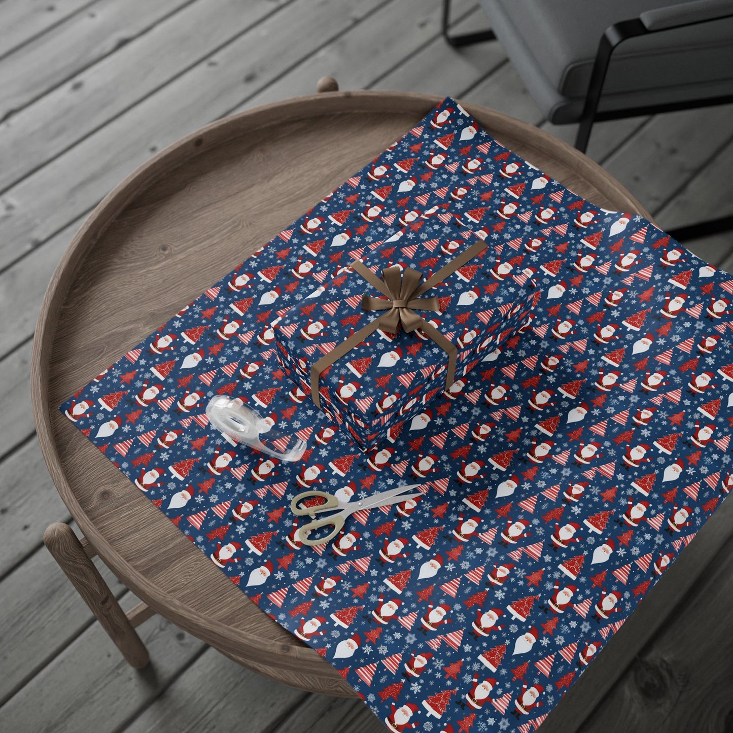 Christmas Santa Wrapping Paper Roll — Blue Festive Holiday Gift Wrap with Santa, Snowflakes & Stockings