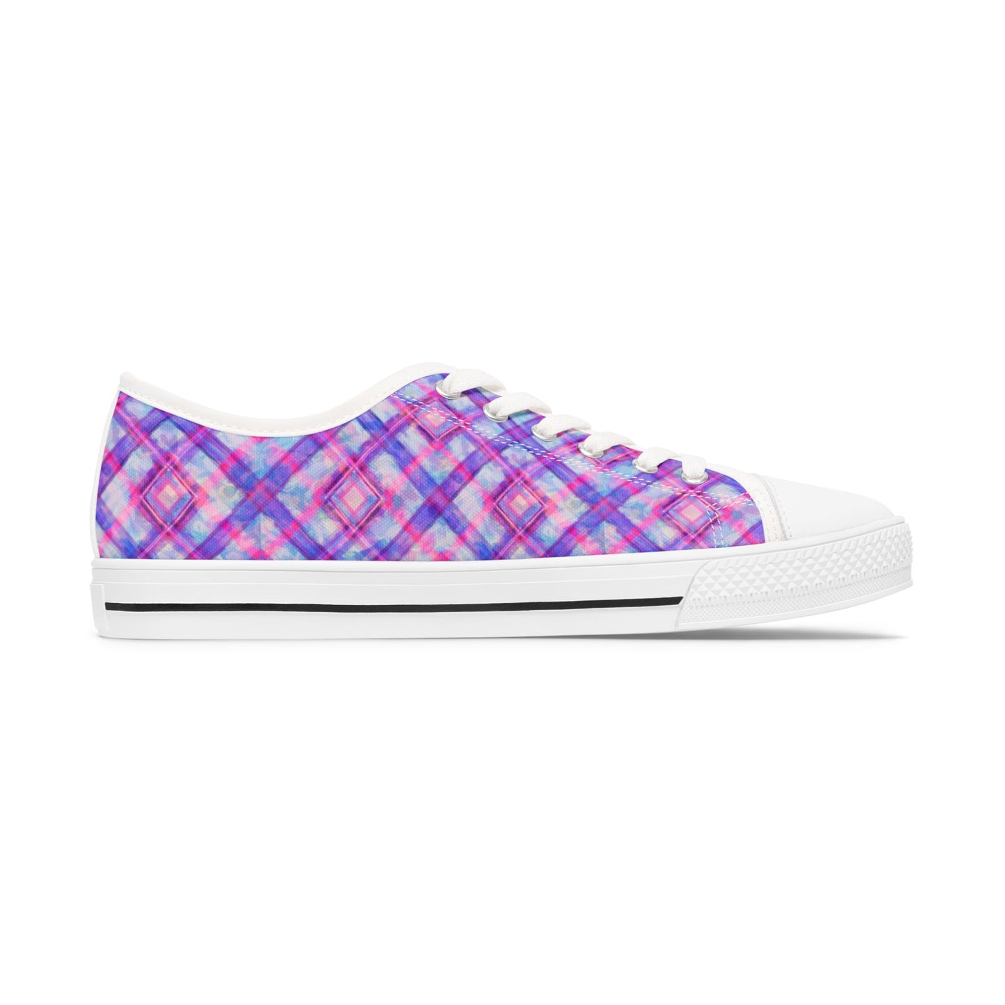 Women's Low Top Sneakers — Pink Purple Plaid Casual Canvas Shoes