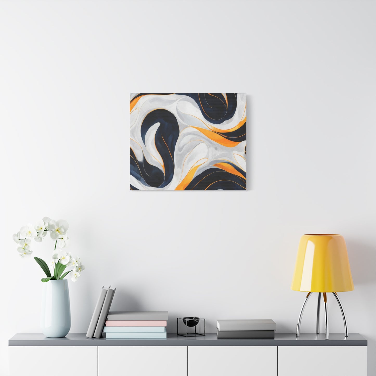 Abstract Fluid Art Matte Canvas Print — Navy, Gold & White Stretched Wall Art