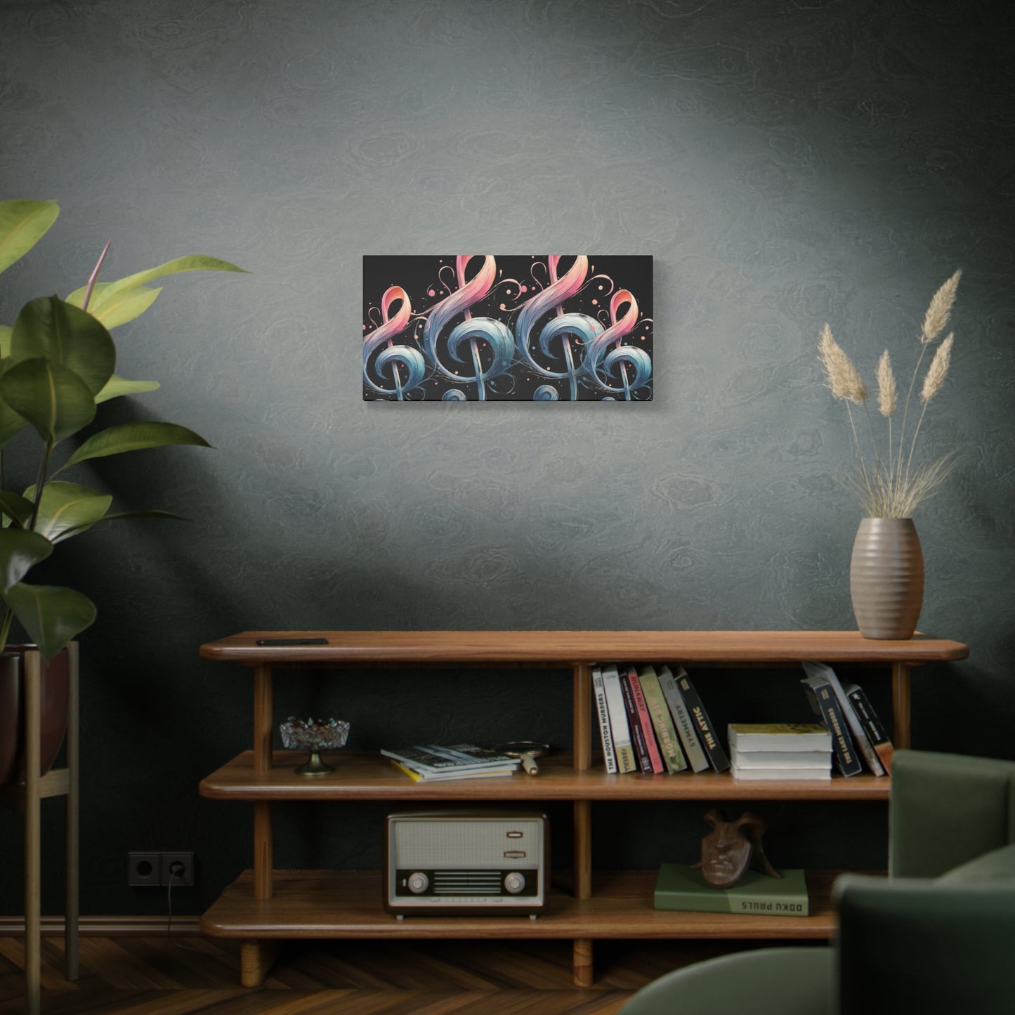Musical Treble Clef Canvas Wall Art — Pastel Ribbon Notes on Black