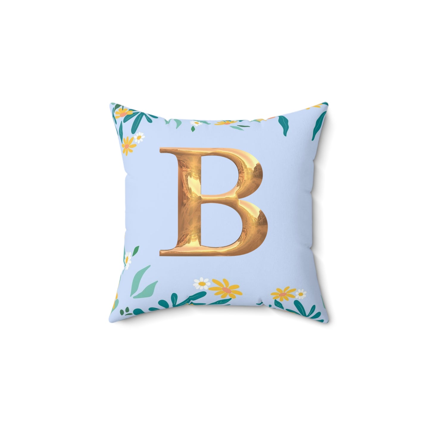 Floral Border Square Pillow — Light Blue Daisy Accent Cushion