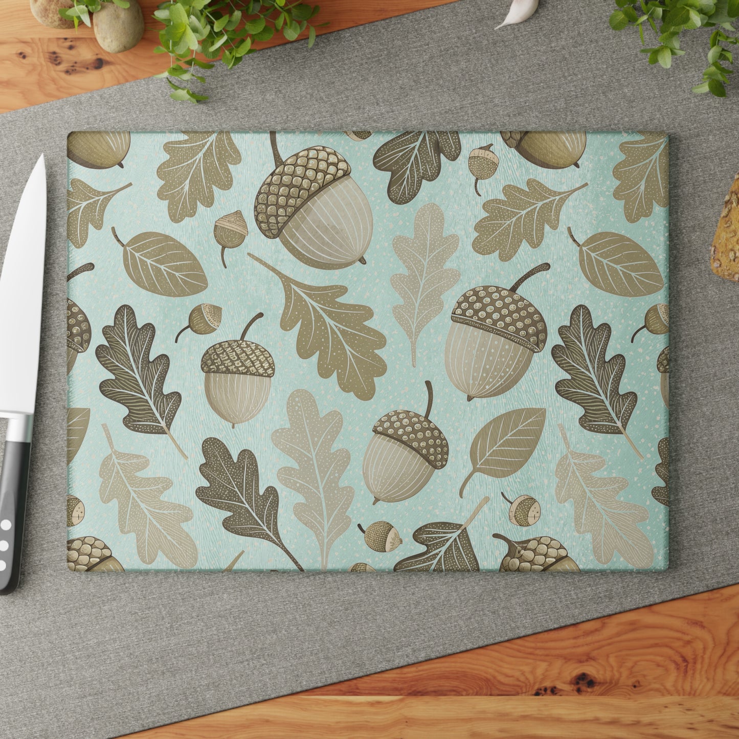 Acorn & Oak Leaves Glass Cutting Board — Autumn Kitchen Decor