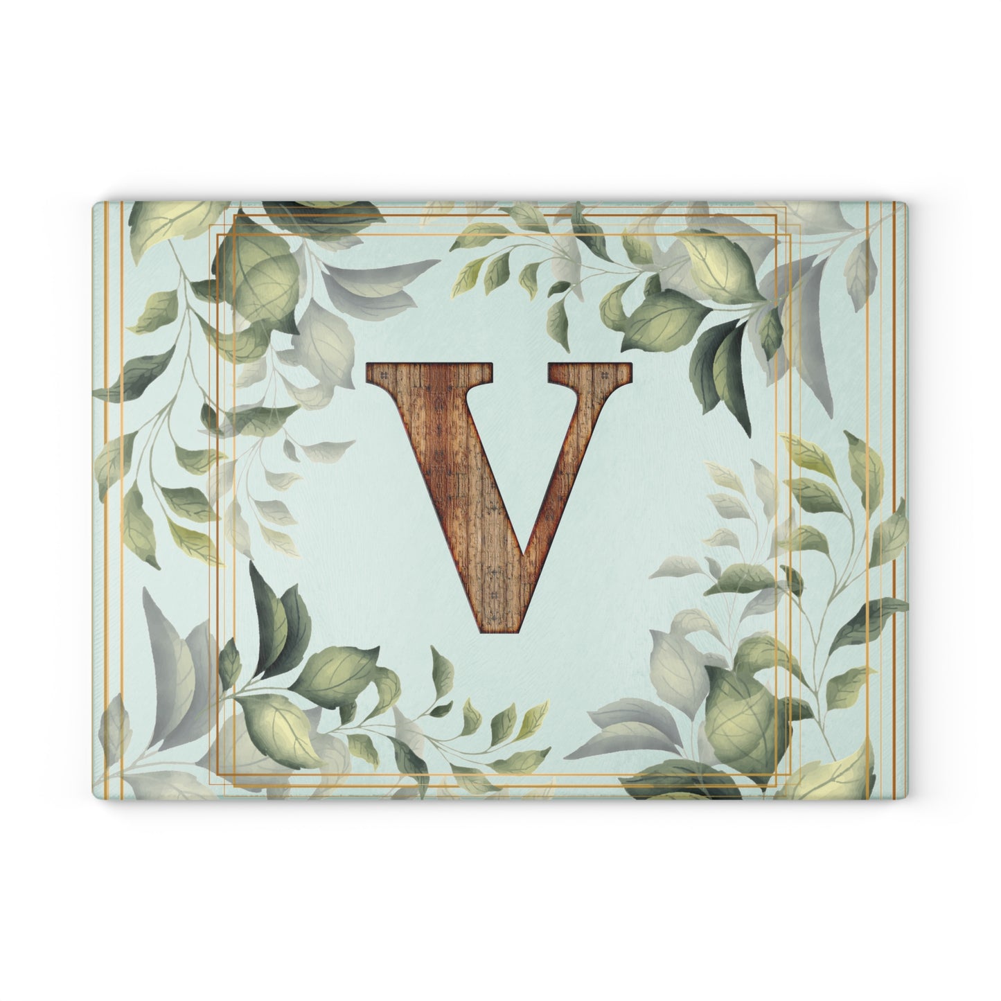 Monogram Glass Cutting Board — Rustic Wood “V” with Greenery Border