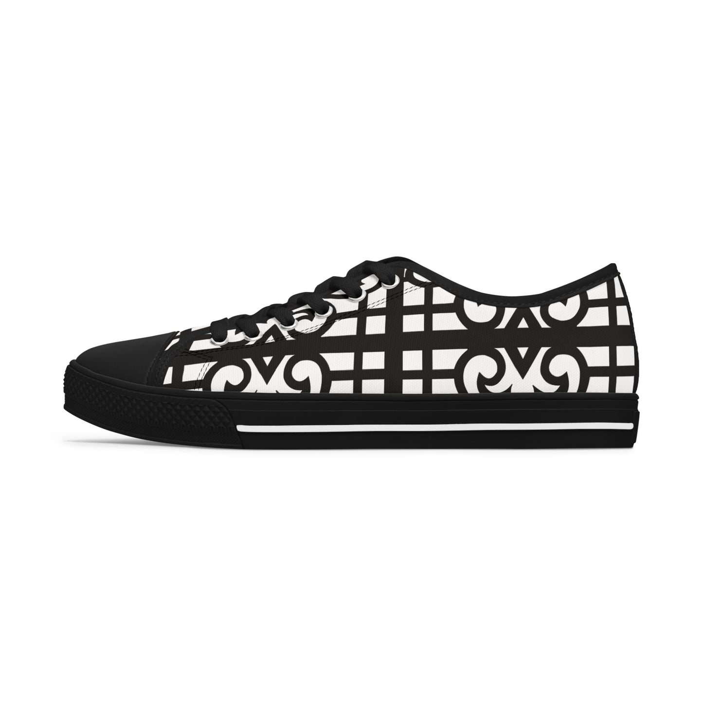 Low Top Sneakers — Black & White Geometric Lattice Pattern