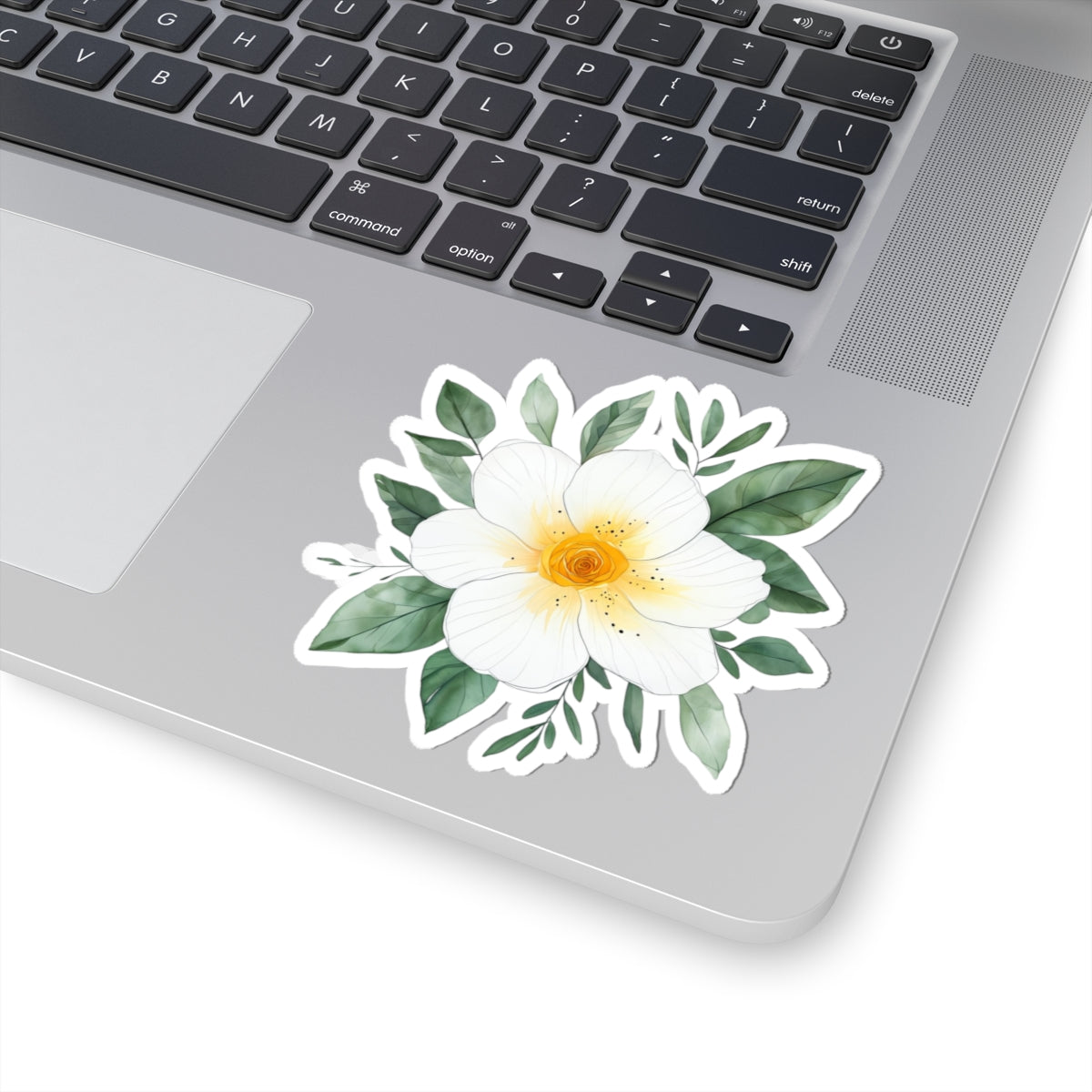 White Gardenia Floral Sticker — Watercolor Kiss-Cut Laptop Decal