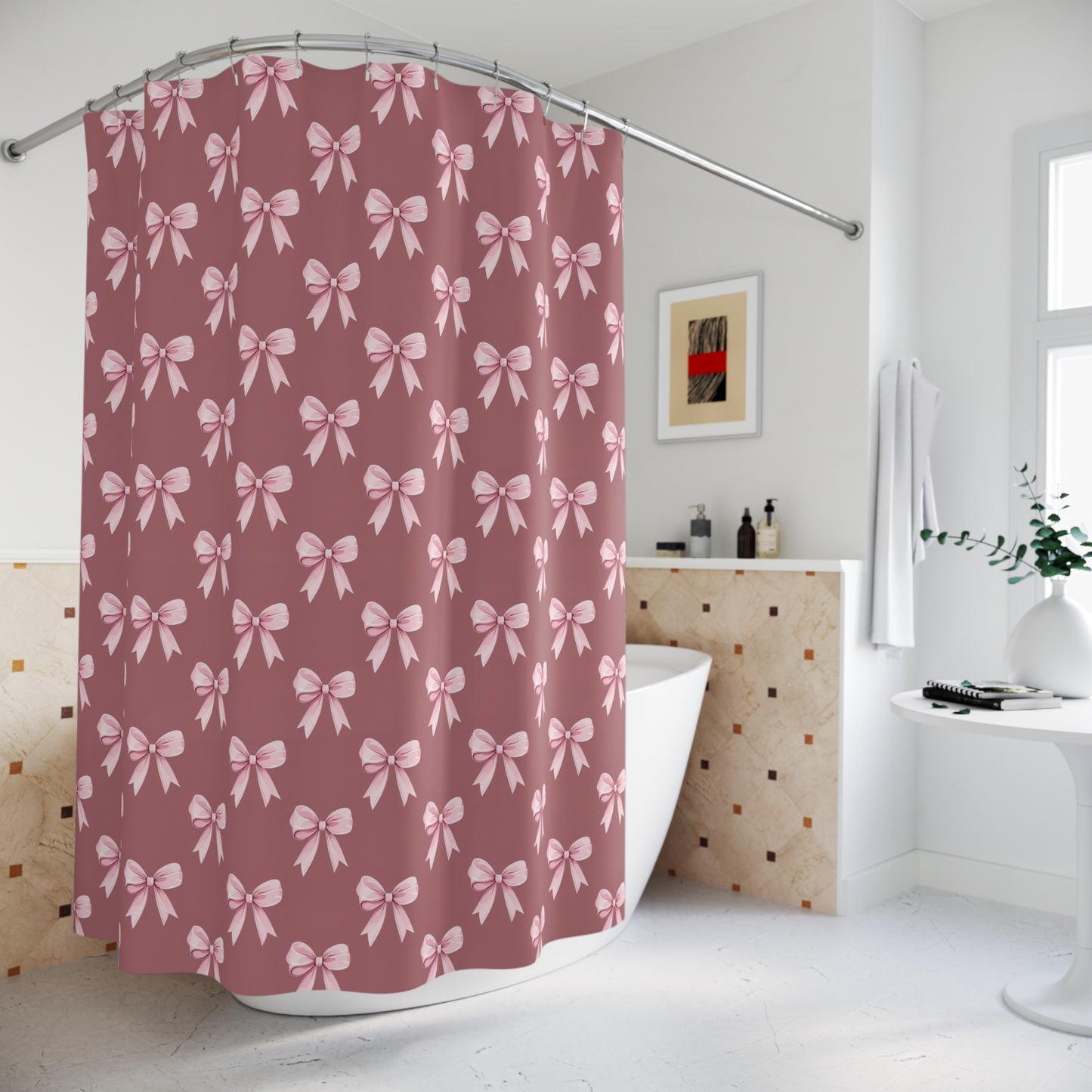 Pink Bow Pattern Shower Curtain — Feminine Floral Bow Bathroom Decor
