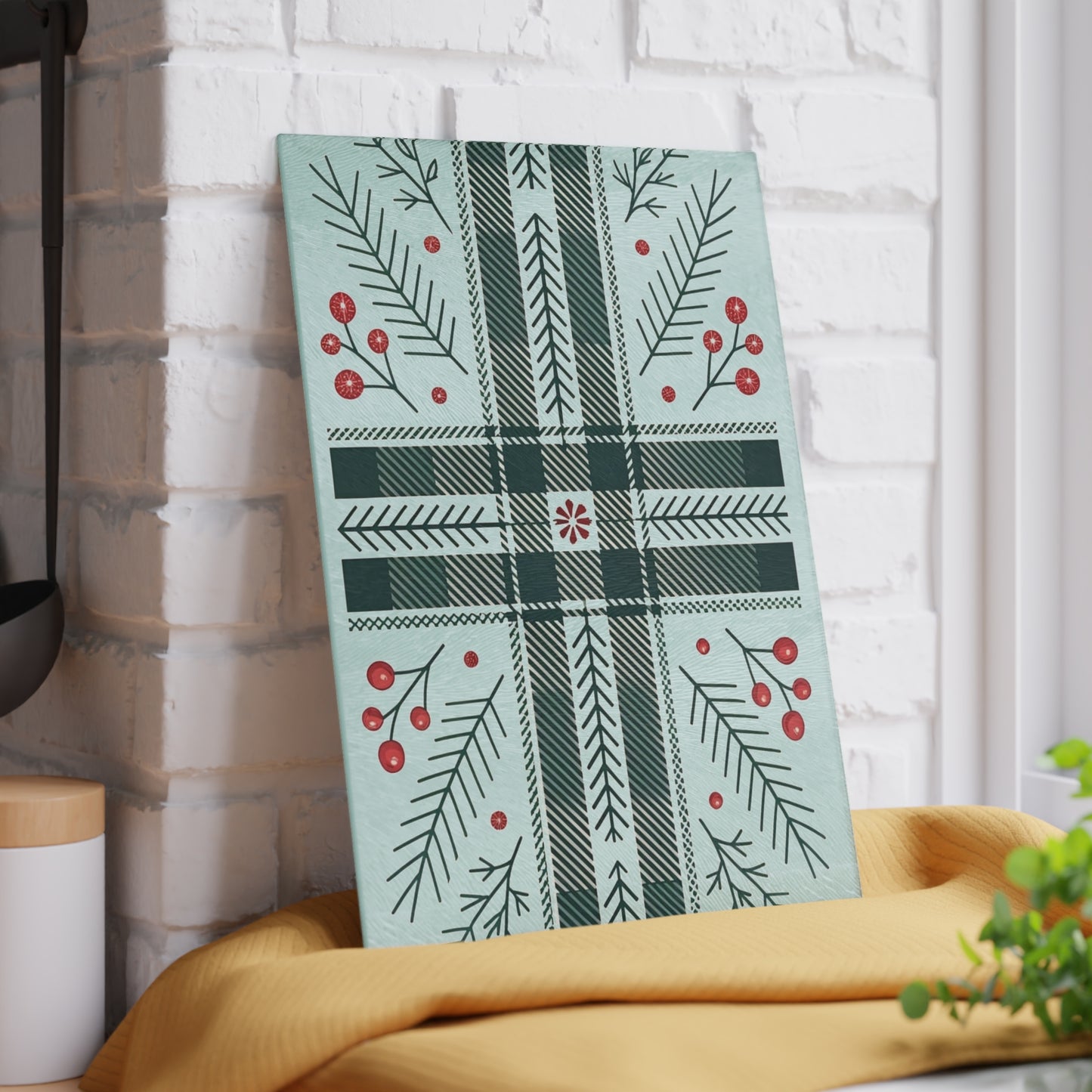 Festive Plaid & Holly Glass Cutting Board — Holiday Kitchen Decor