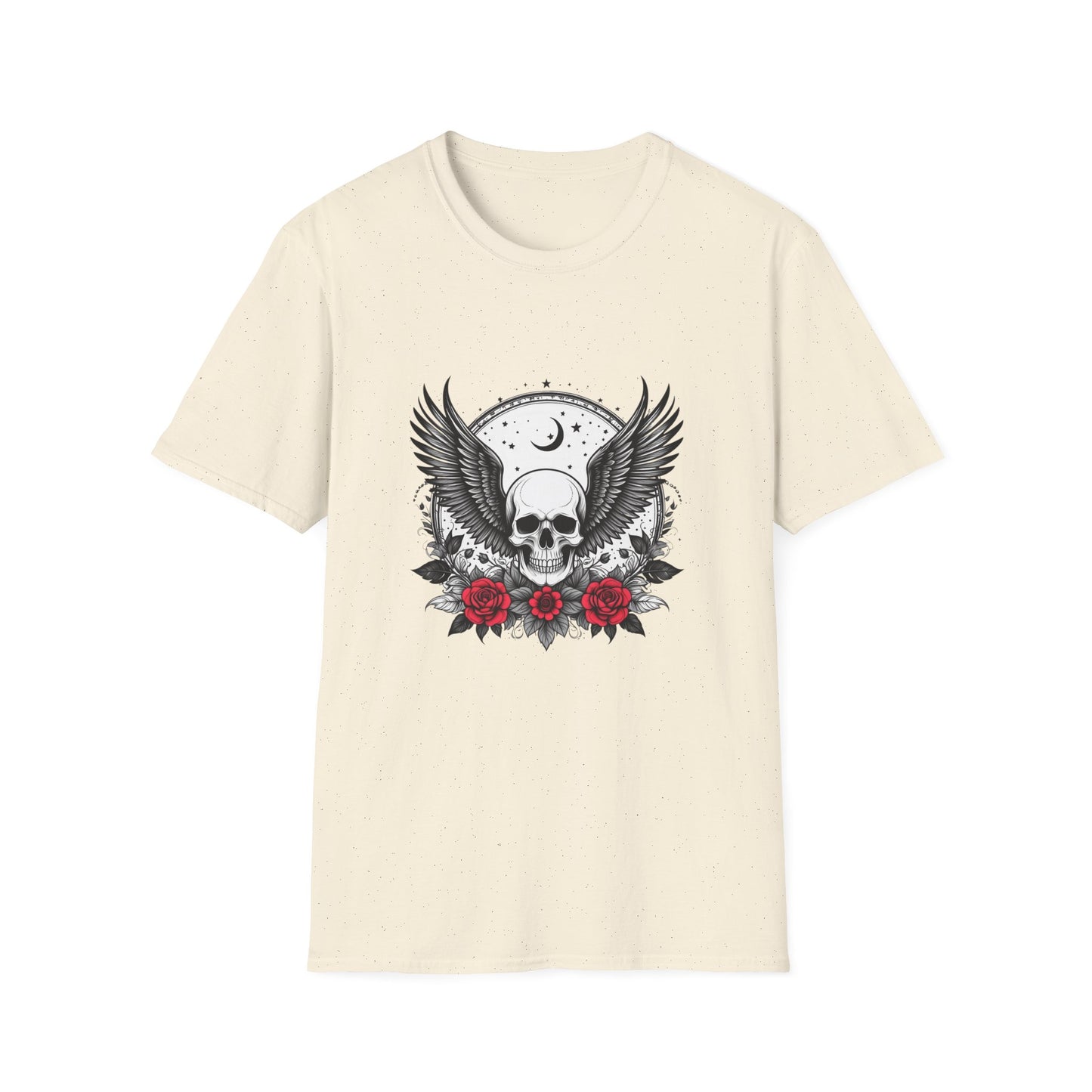 Skull Wings T‑Shirt – Crescent Moon & Red Roses Gothic Graphic Tee