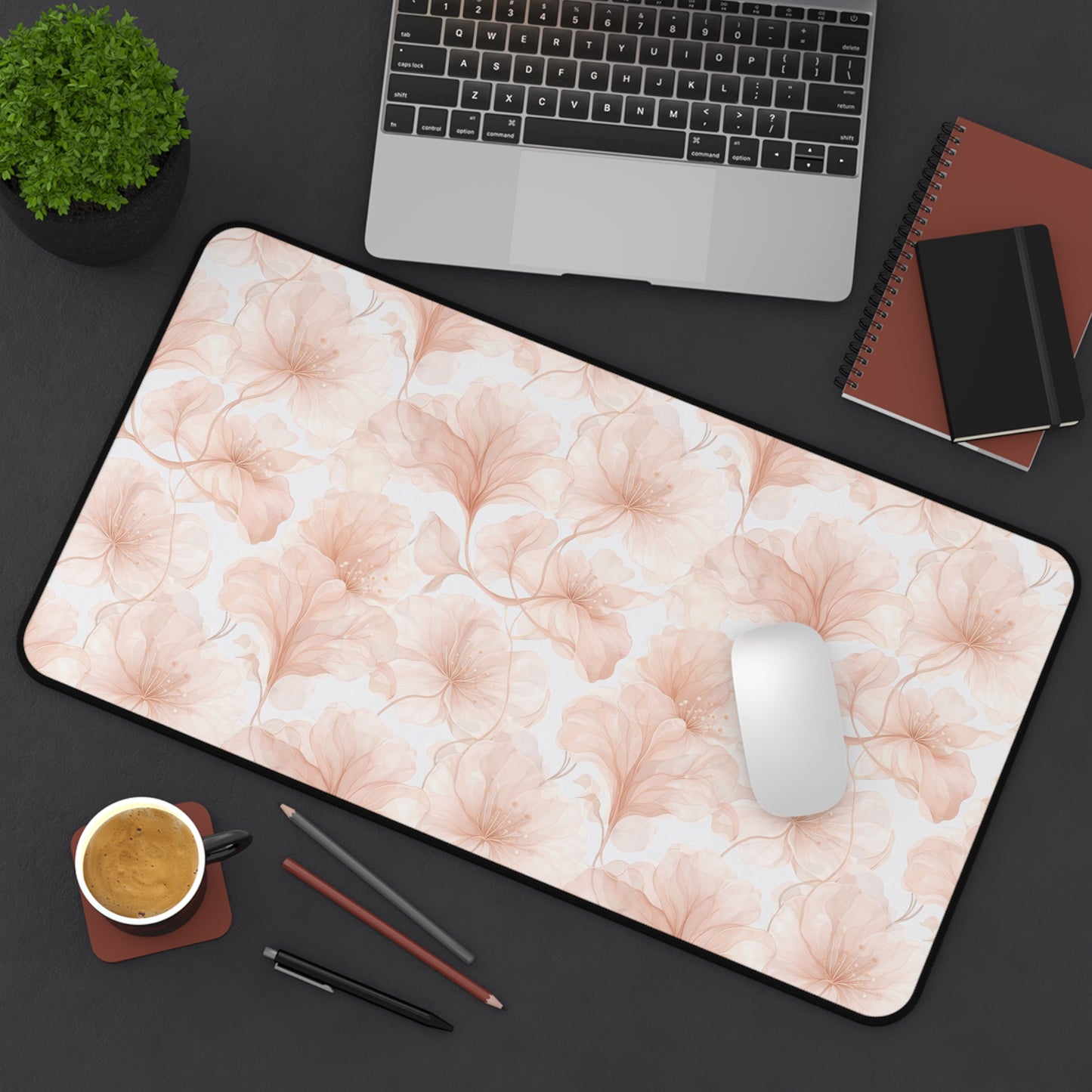 Blush Floral Desk Mat — Soft Pink Ginkgo Leaf Mouse Pad