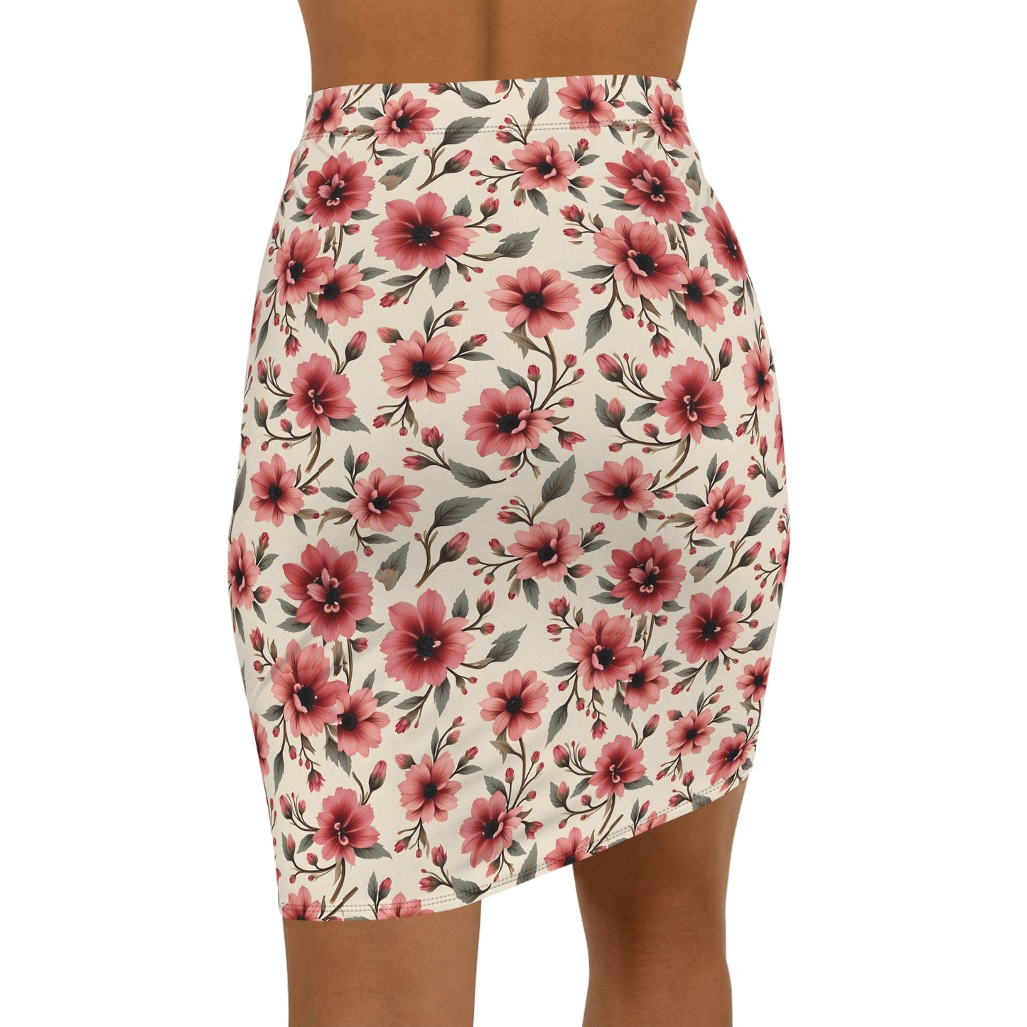 Floral Pink Watercolor Pencil Skirt — Mid‑Waist Summer Floral Print