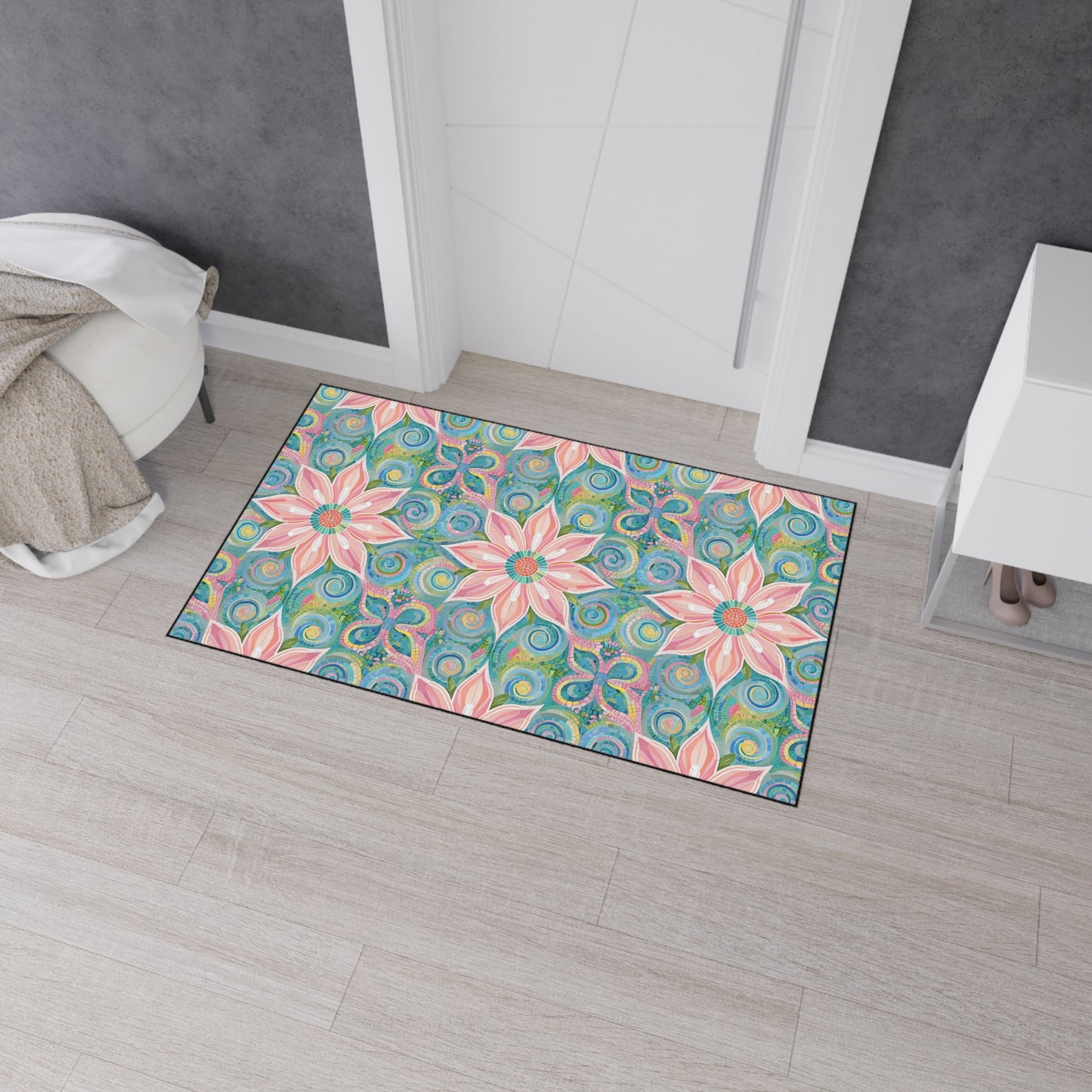 Floral Kaleidoscope Heavy-Duty Floor Mat — Pink Petal Outdoor/Entry Rug