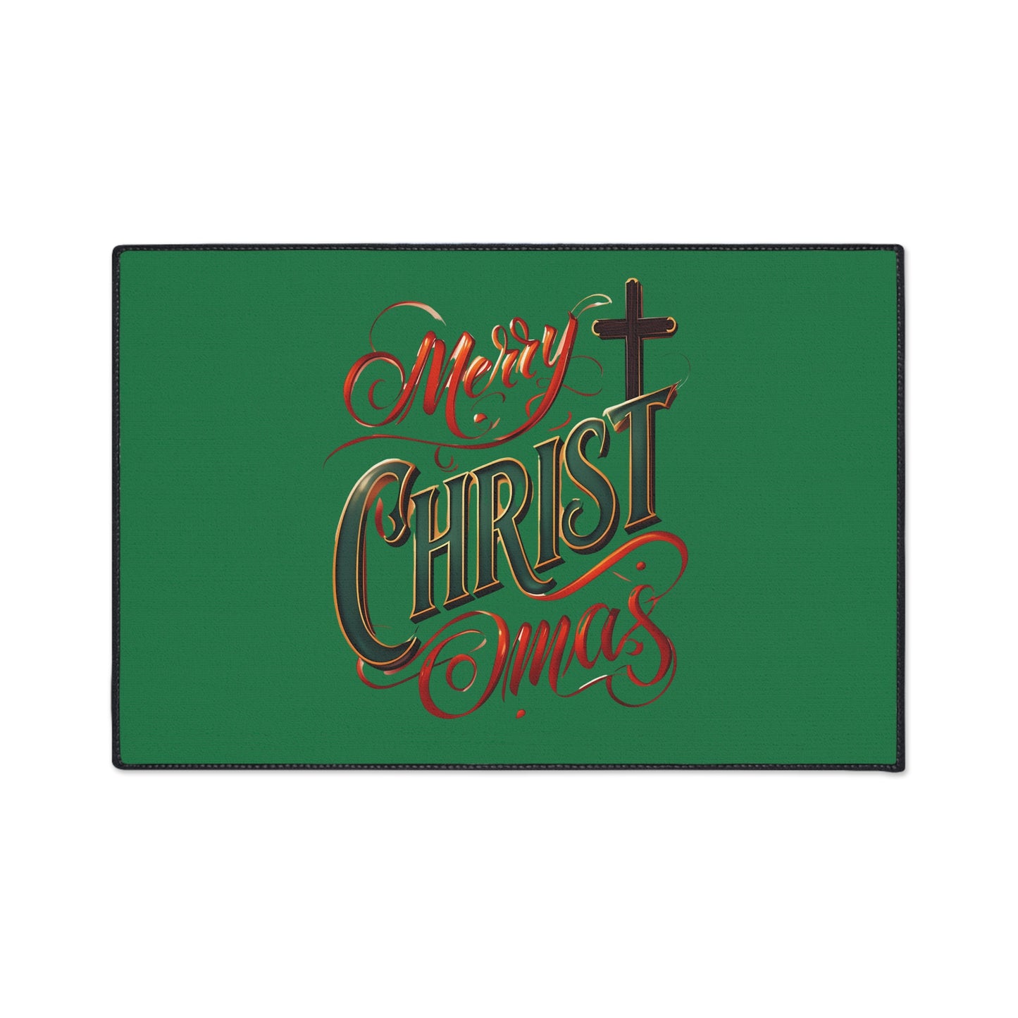 Christmas Floor Mat - "Merry Christmas" Script with Cross, Heavy-Duty Holiday Doormat