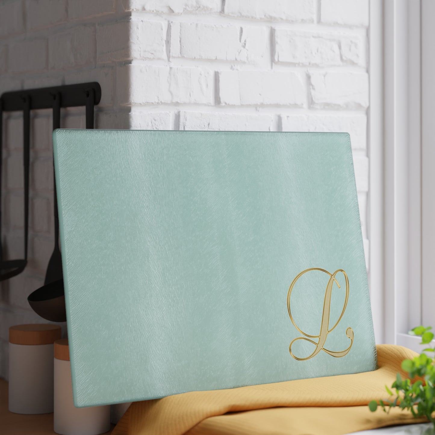 Monogram Glass Cutting Board – Mint with Gold Script 'L'