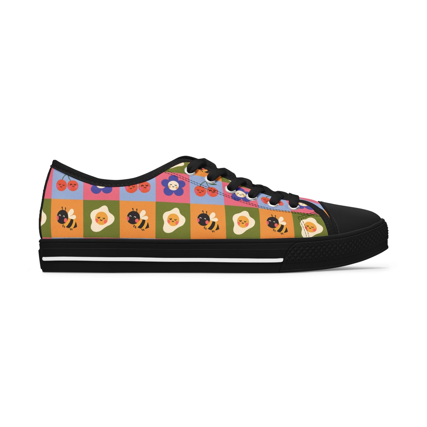 Women's Low Top Sneakers — Retro Floral & Bee Checkerboard Printed Casual Shoes
