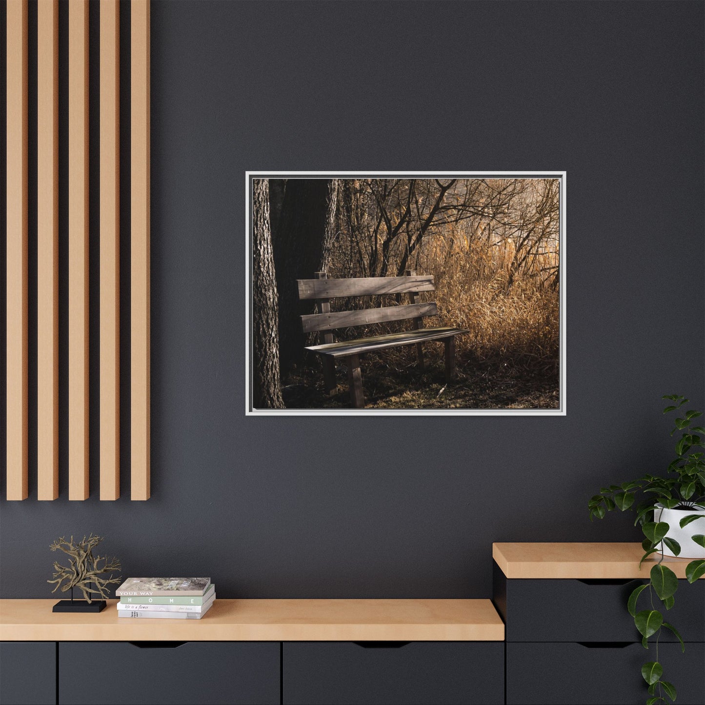 Framed Matte Canvas Print — Autumn Park Bench Photography