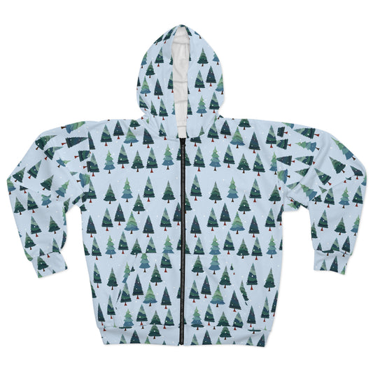 Cozy Forest Hoodie, Unisex Zip Hoodie, Tree Design, Winter Fashion, Christmas Gift, Outdoor Adventure Wear