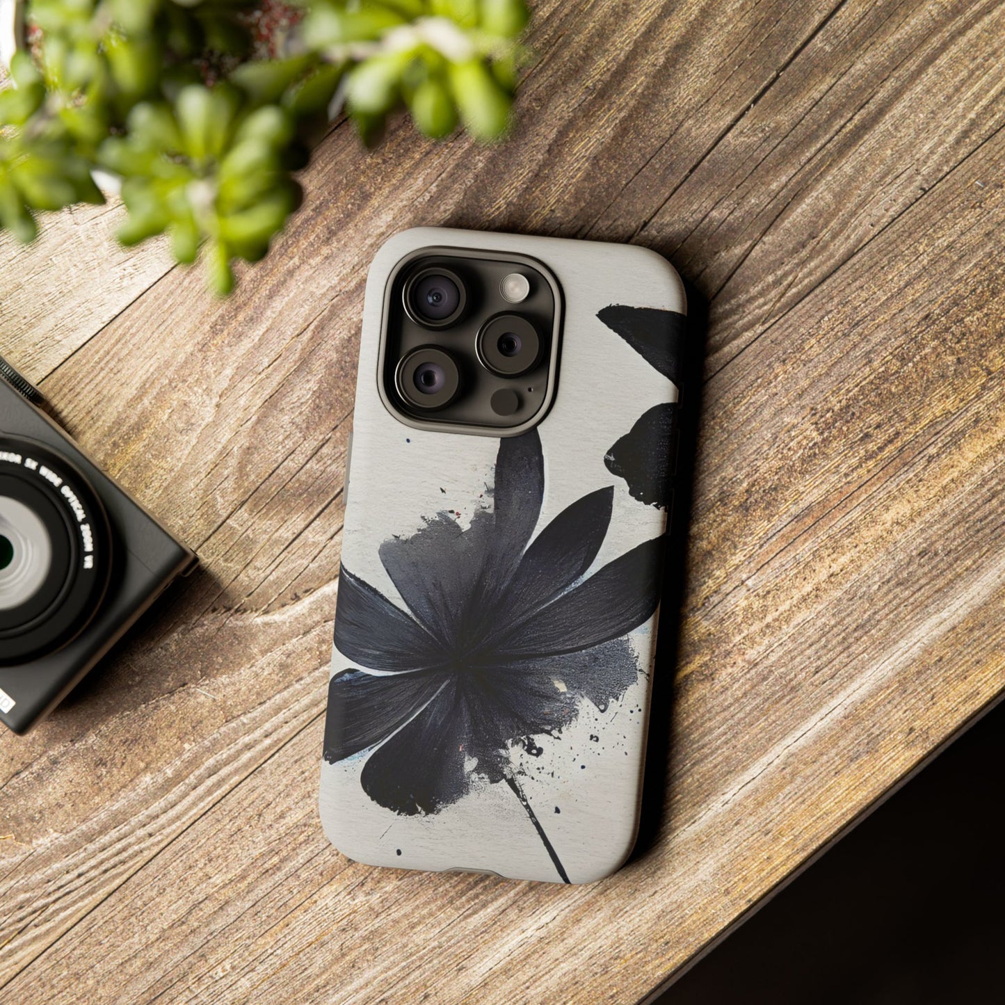 Monochrome Floral Tough Phone Case — Black Ink Flower Protective Cover