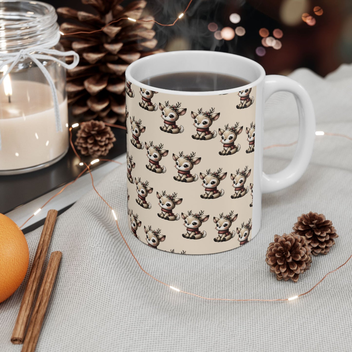 Cute Reindeer Pattern Ceramic Mug – Christmas Holiday Coffee Cup (11oz, 15oz)