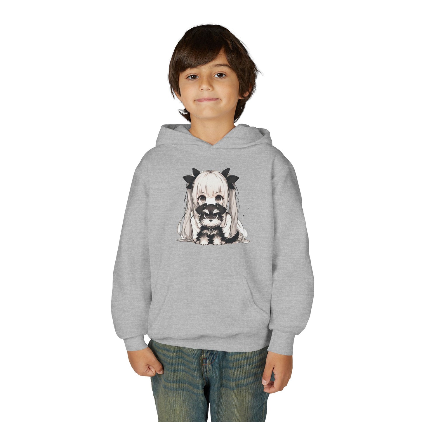 Cute Anime Girl & Puppy Youth Hoodie — Kawaii Kids Pullover for Anime Fans