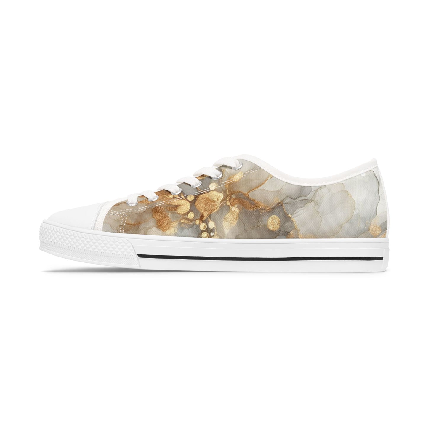 Gold Marble Women's Low Top Sneakers — Abstract Metallic Swirl Casual Shoes