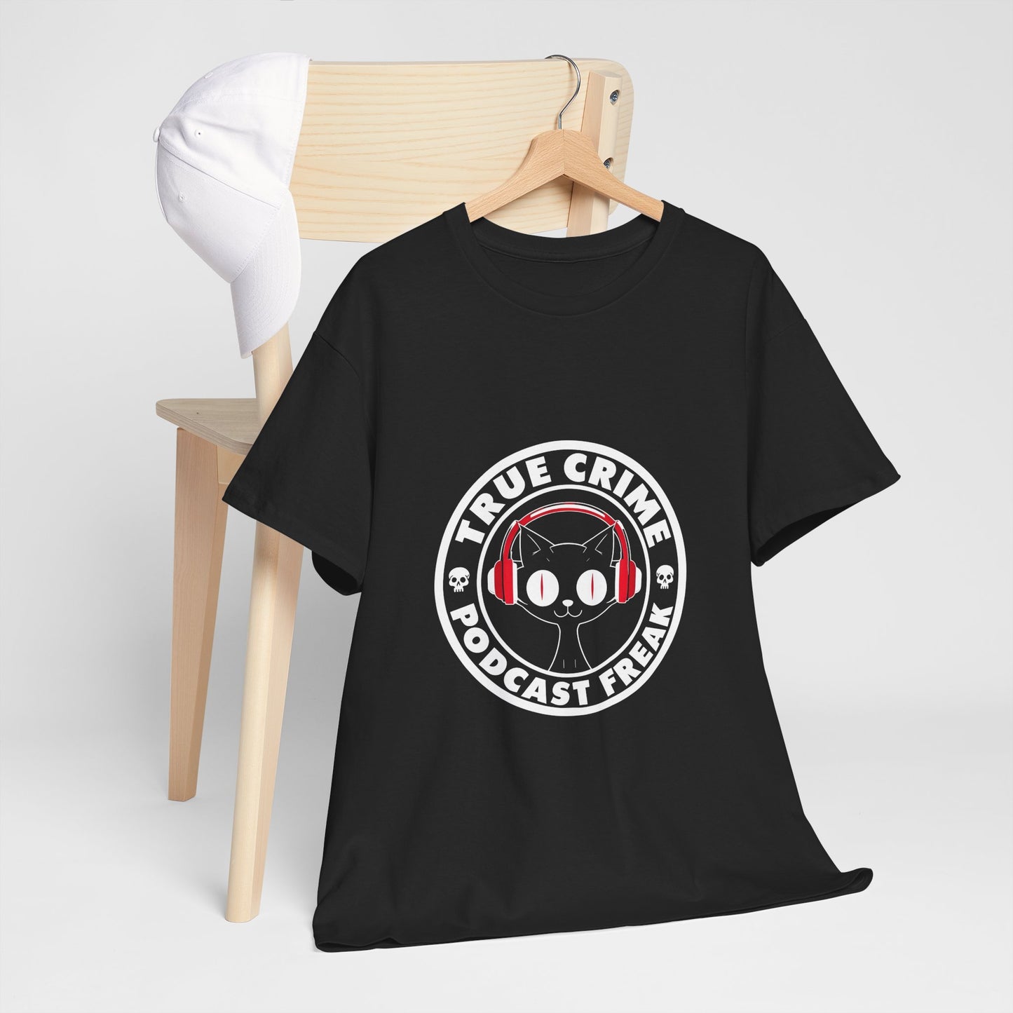 True Crime Podcast Tee — Cat with Headphones Logo