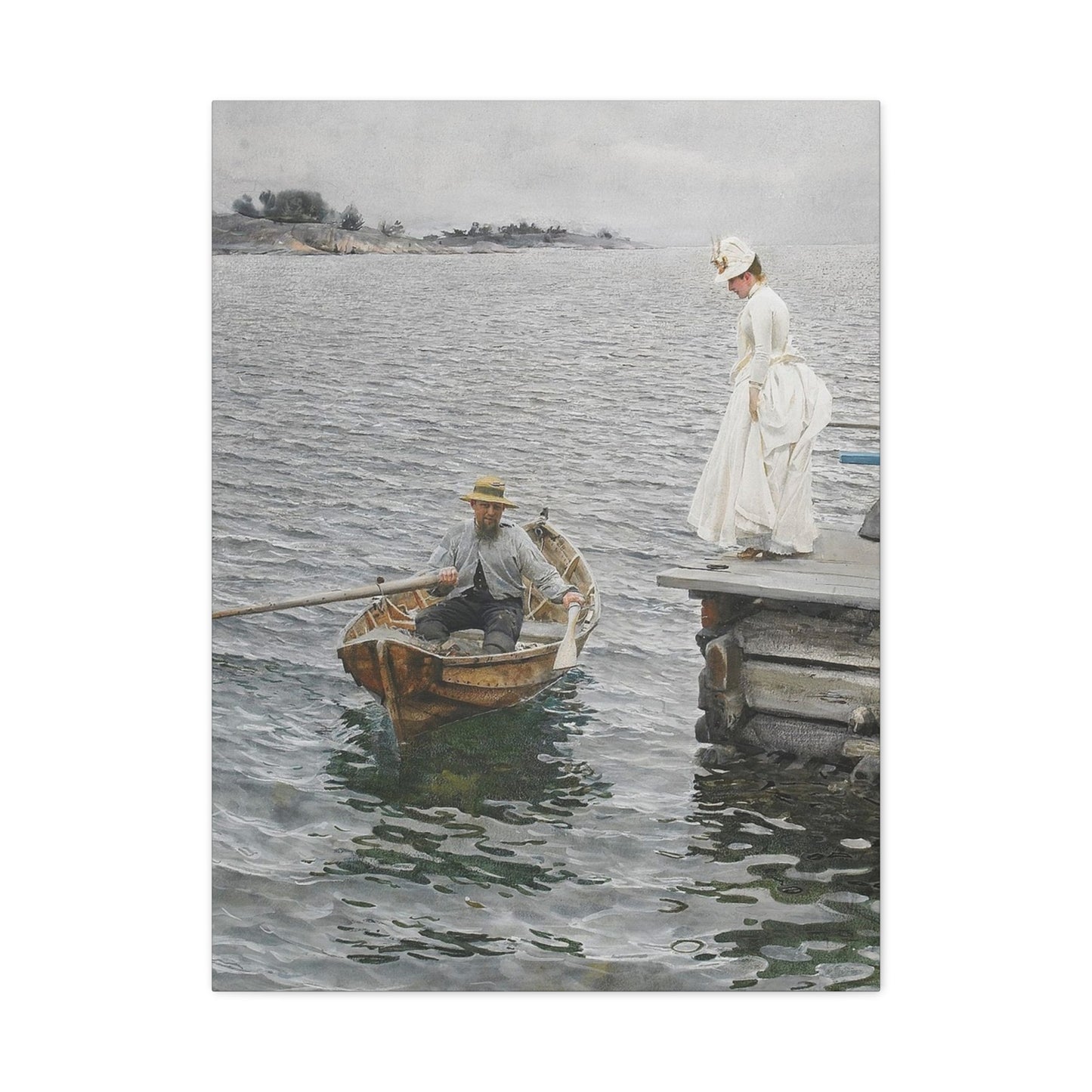 Seaside Stroll Canvas Print — Vintage Woman & Rowboat Matte Stretched Art 1.25"