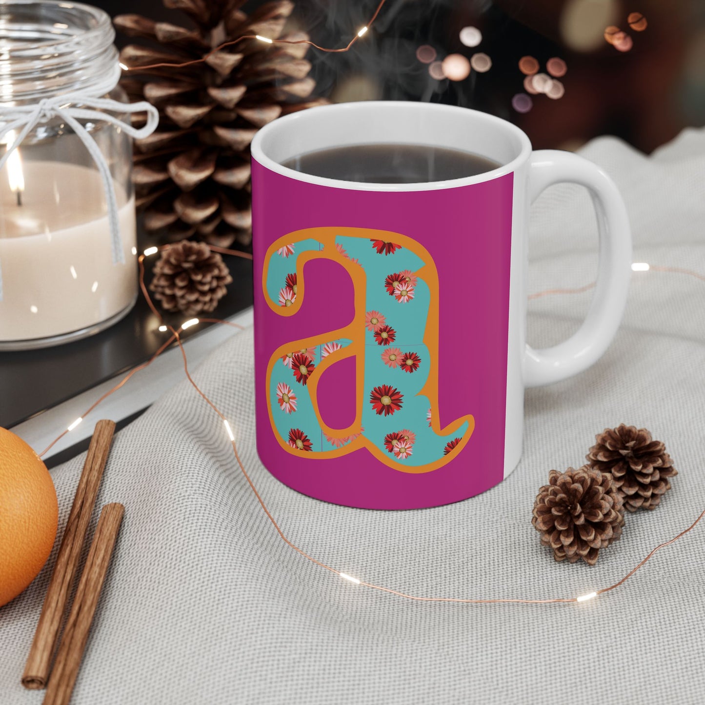 Floral Lettered Ceramic Mug - Vibrant Coffee Cup, Gift for Her, Kitchen Decor, Personalized Drinkware, Fun Floral Mug
