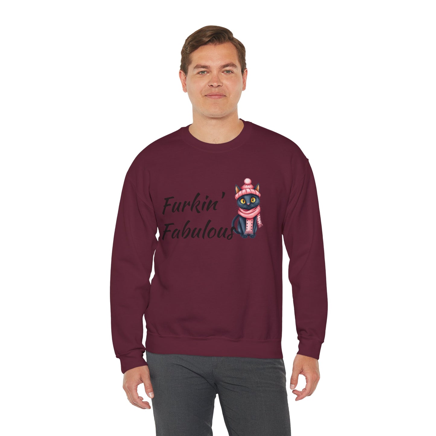 Crewneck Sweatshirt — "Furkin' Fabulous" Cute Black Cat in Pink Hat & Scarf