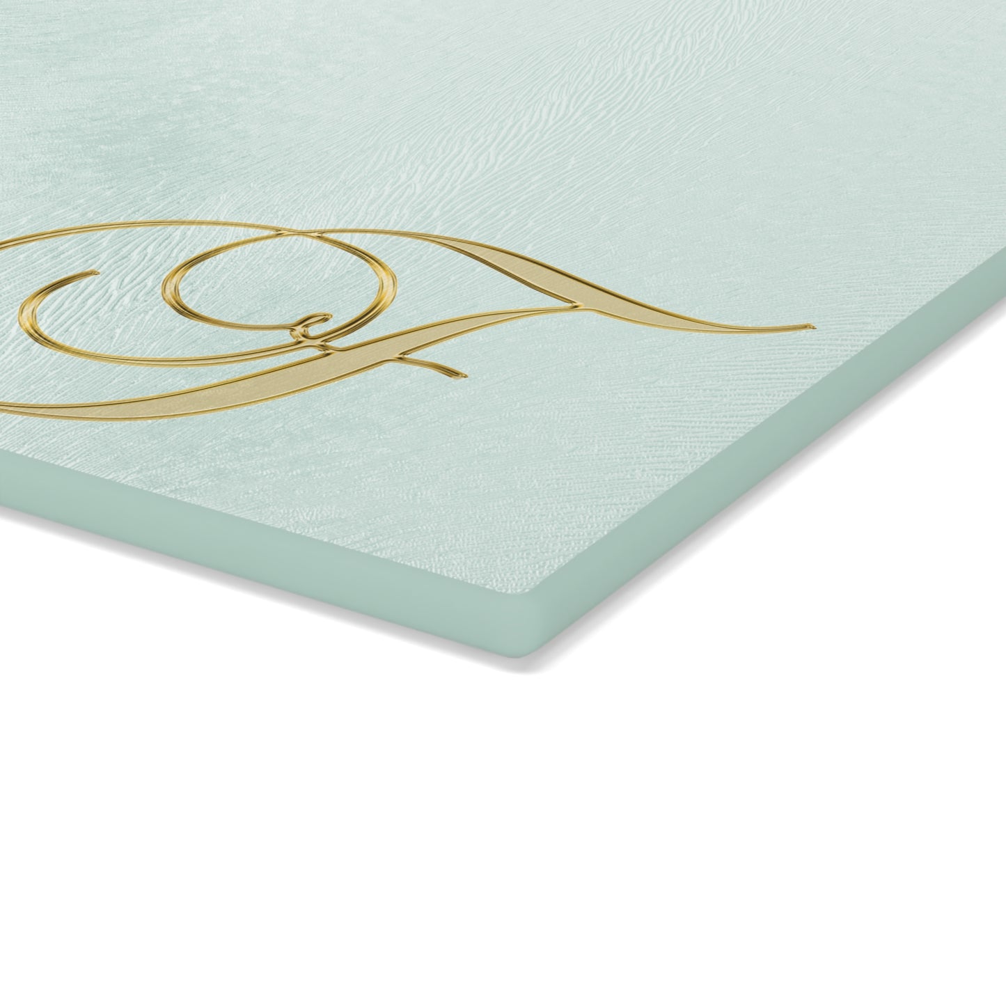 Monogram Glass Cutting Board — Elegant Gold Script "F" on Mint