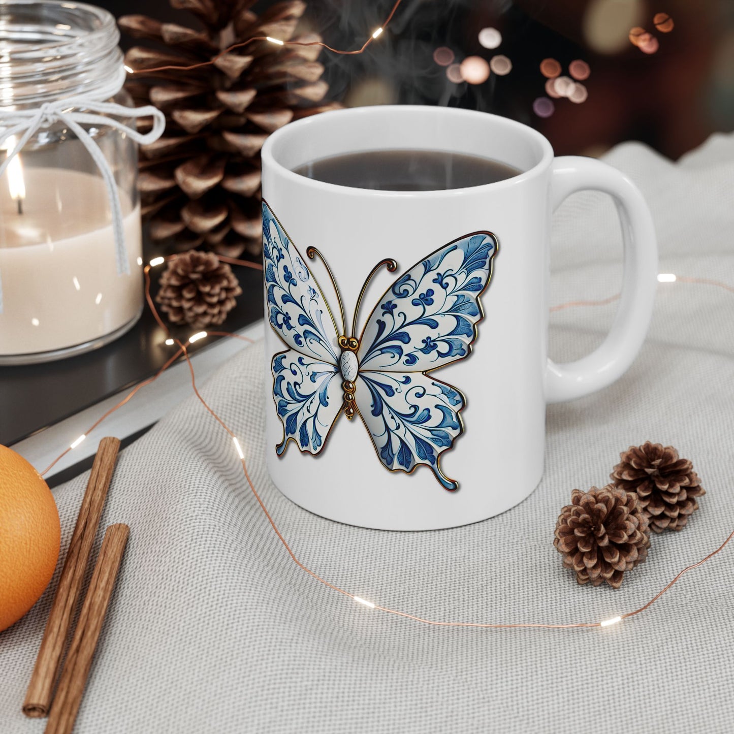 Blue Floral Butterfly Ceramic Mug — Decorative 11oz & 15oz Coffee Cup
