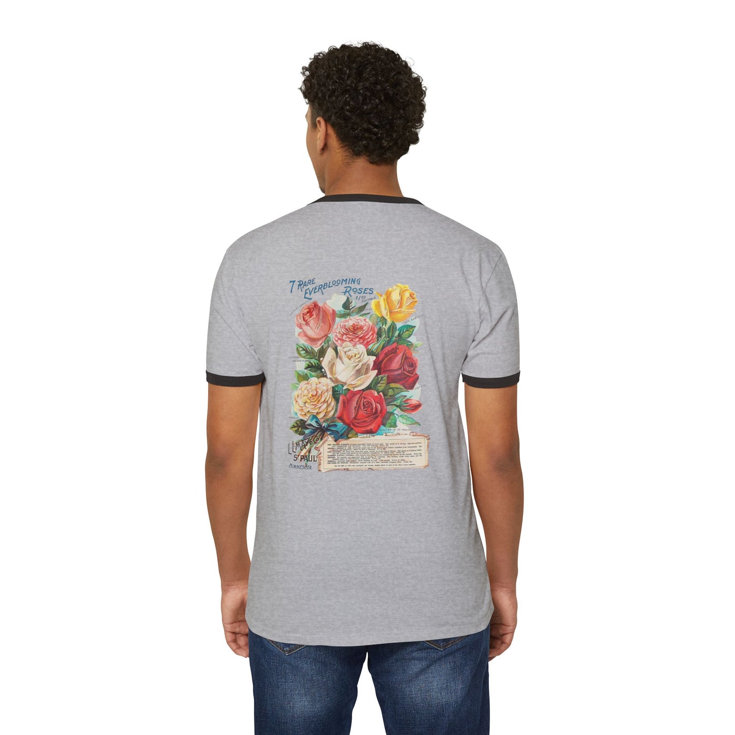 Vintage Floral Ringer Tee – '7 Rare Ever-Blooming Roses' Retro Bouquet Graphic