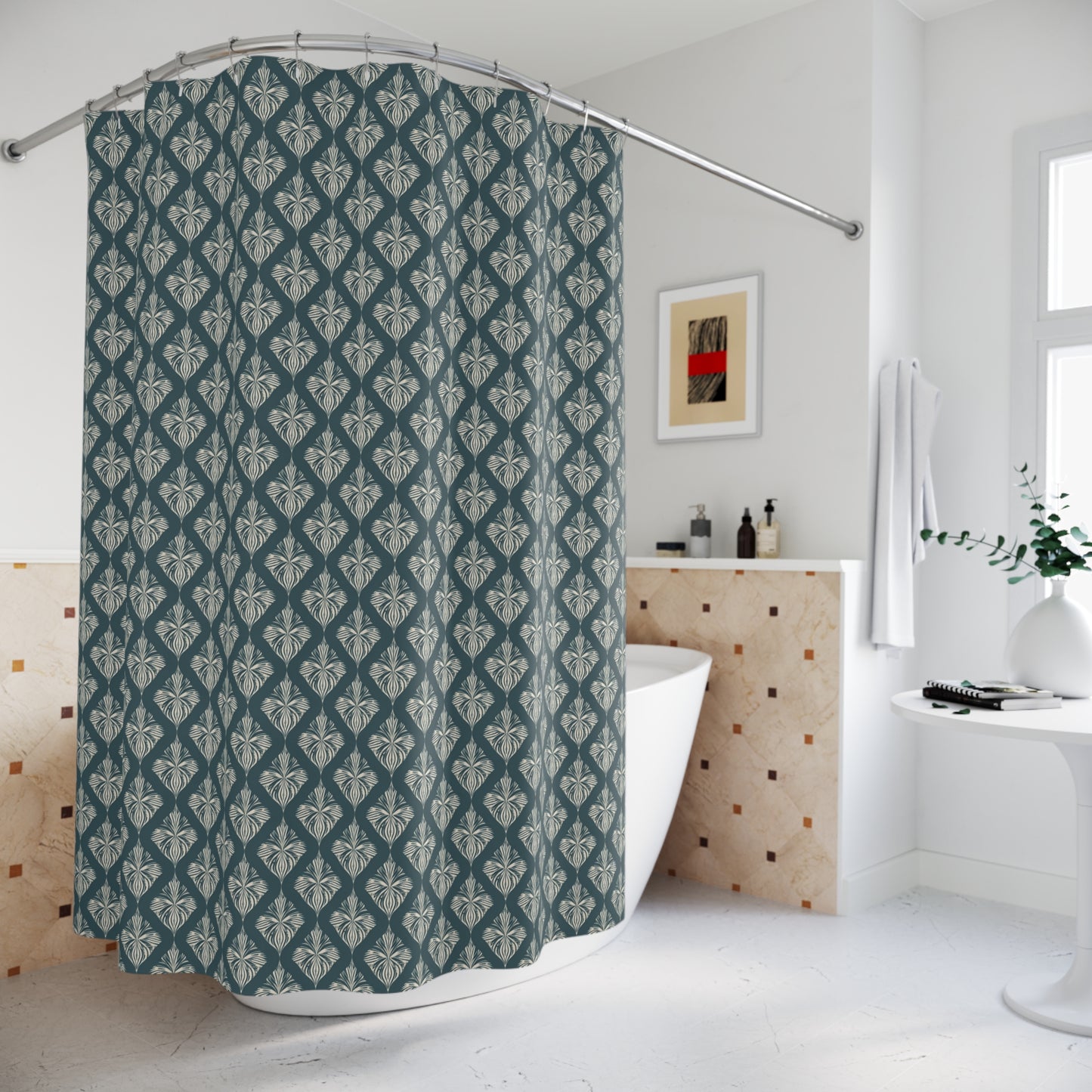 Shower Curtain — Teal Geometric Tile Pattern Bath Curtain