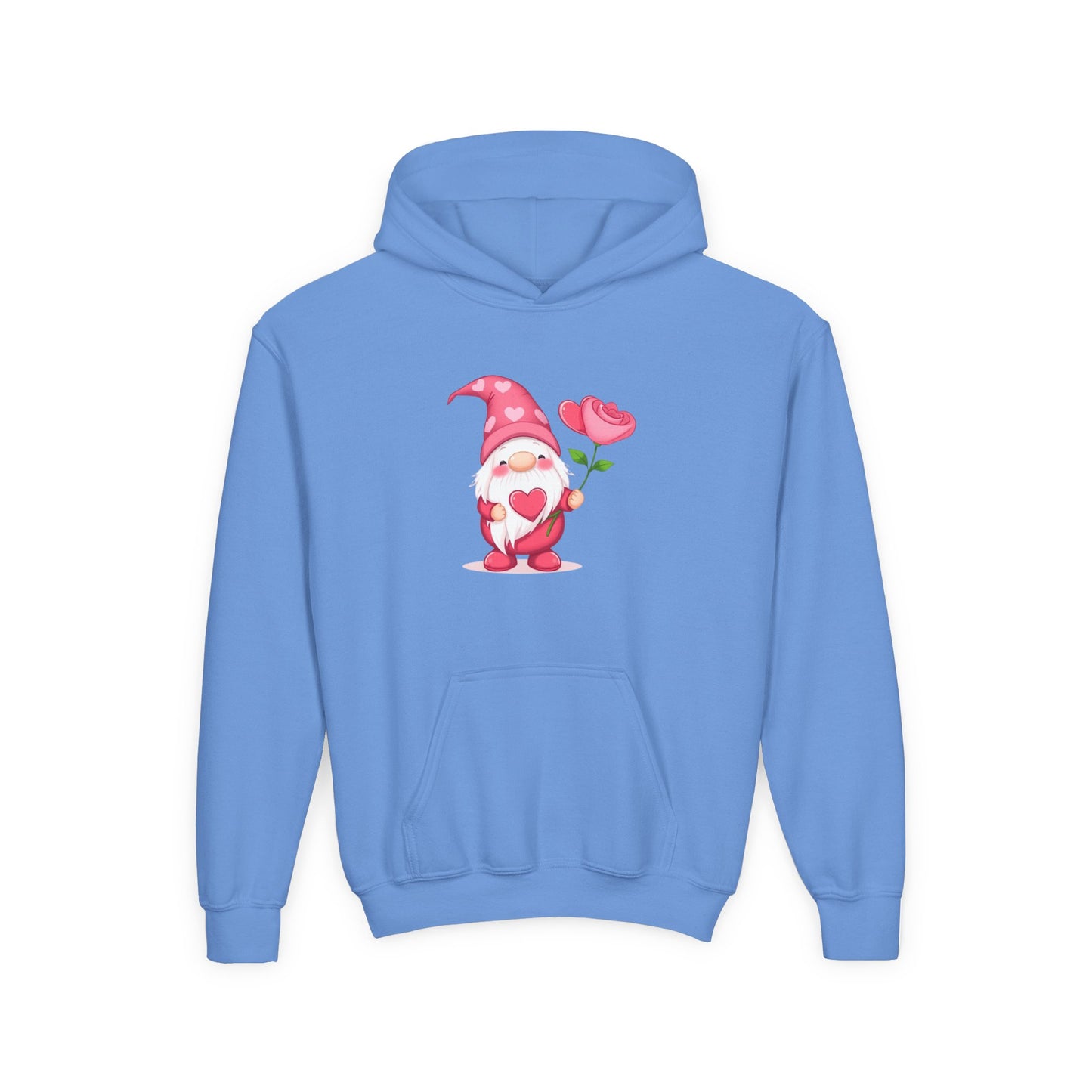 Valentine Gnome Kids Hoodie — Cute Pink Gnome Holding Rose Youth Sweatshirt
