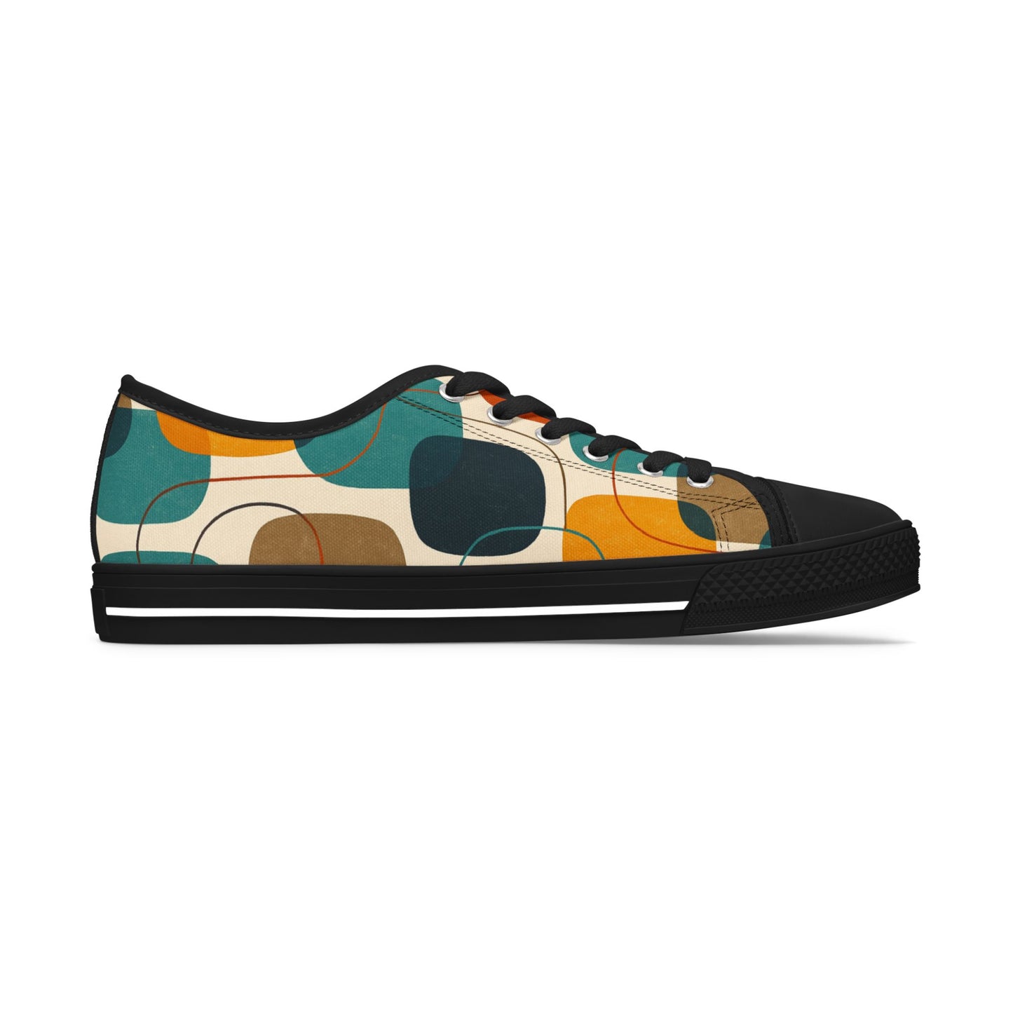 Low Top Sneakers — Retro Abstract Teal & Mustard Geometric Pattern