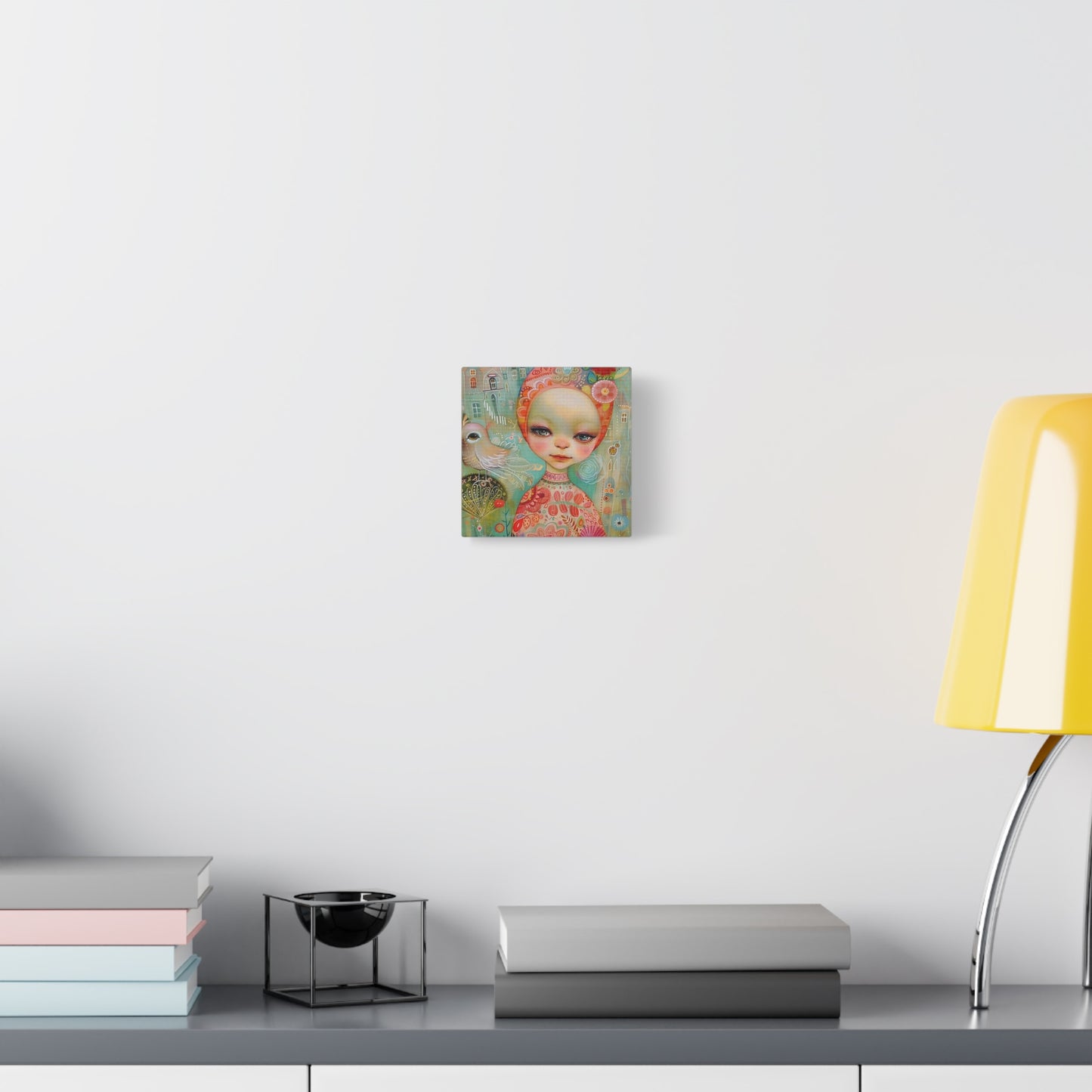 Whimsical Girl & Bird Matte Canvas Wall Art — Stretched Decorative Painting