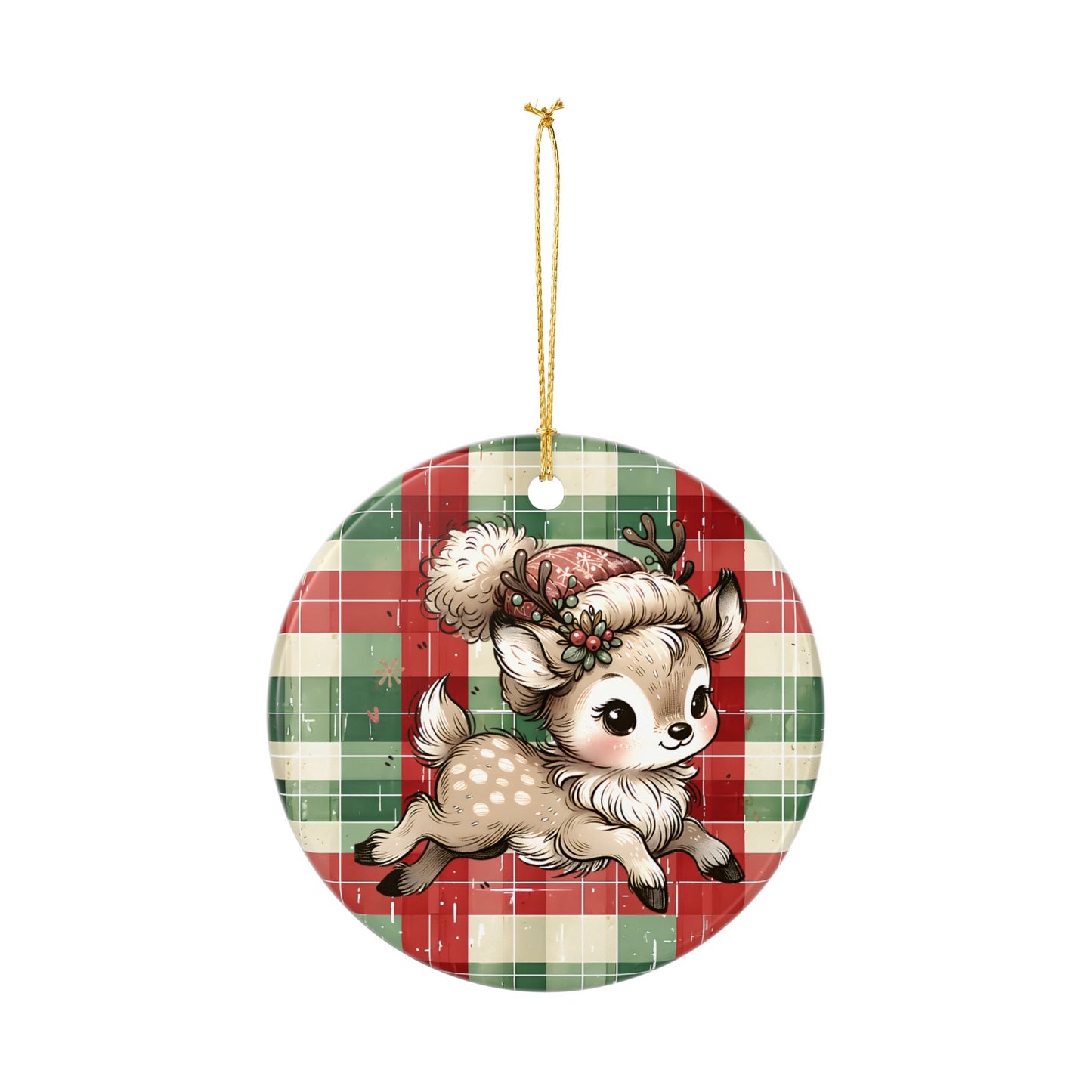 Cute Reindeer Plaid Ceramic Christmas Ornament (Double-Sided)