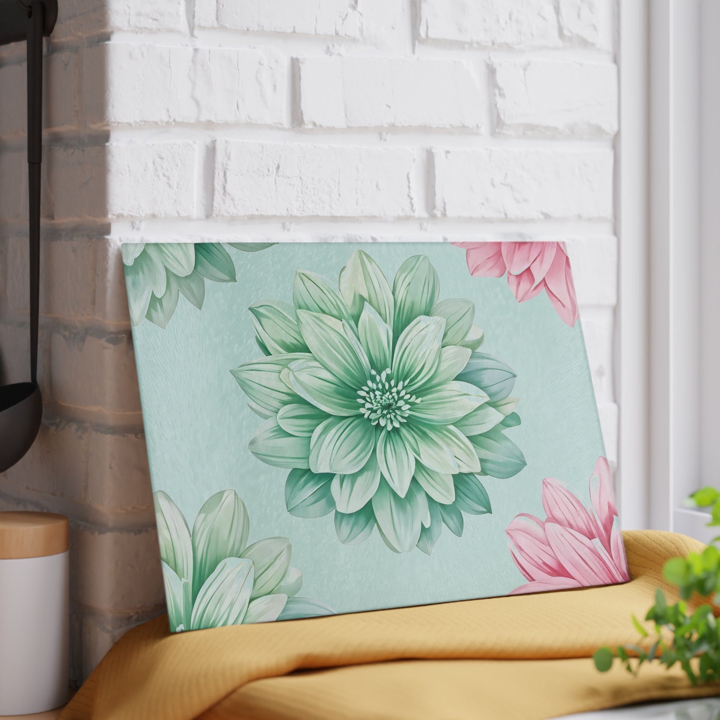 Floral Glass Cutting Board — Pastel Succulent Dahlia Kitchen Board