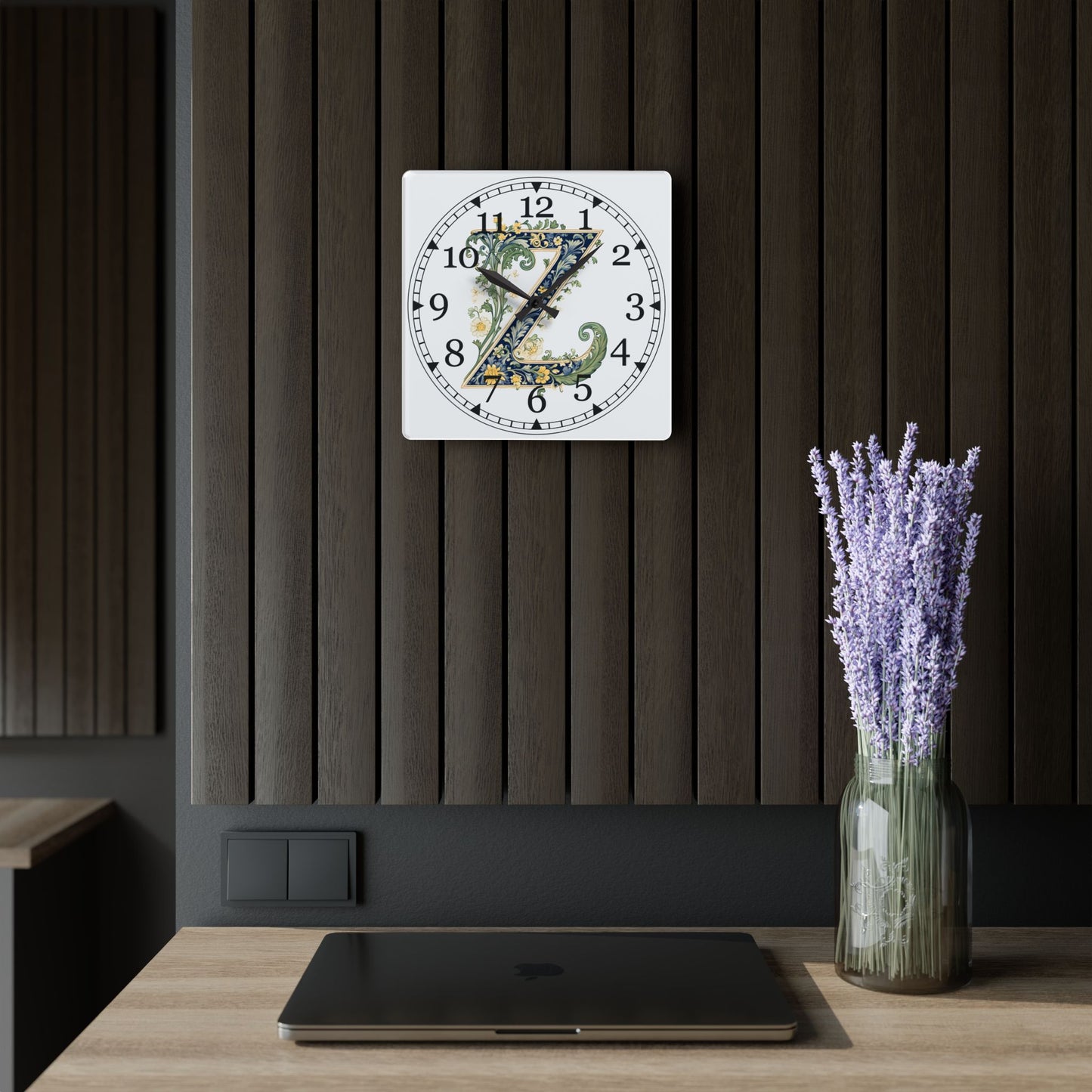Floral Monogram "Z" Acrylic Wall Clock — Vintage Botanical Initial Clock