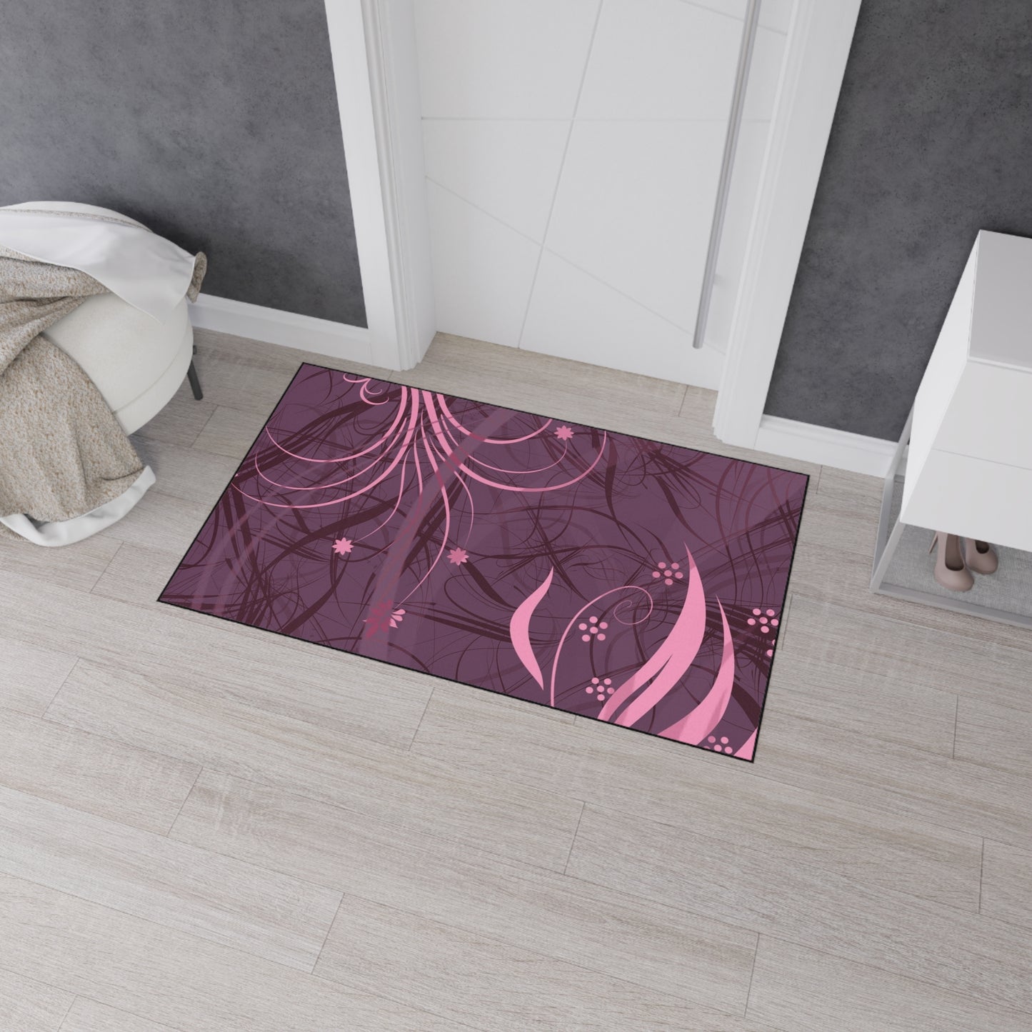 Floral Swirl Heavy-Duty Floor Mat — Pink Abstract Entry Rug
