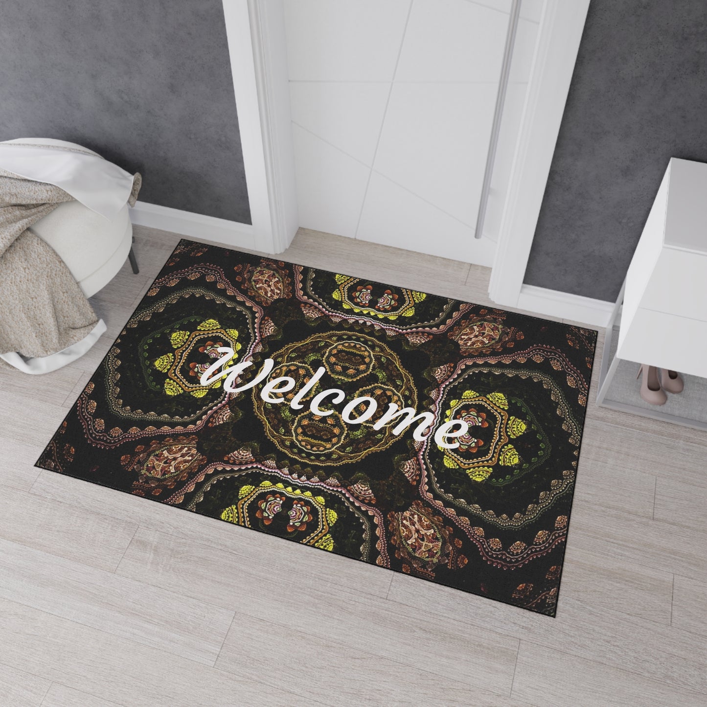 Welcome Heavy Duty Floor Mat — Boho Kaleidoscope Entrance Rug for Home & Office