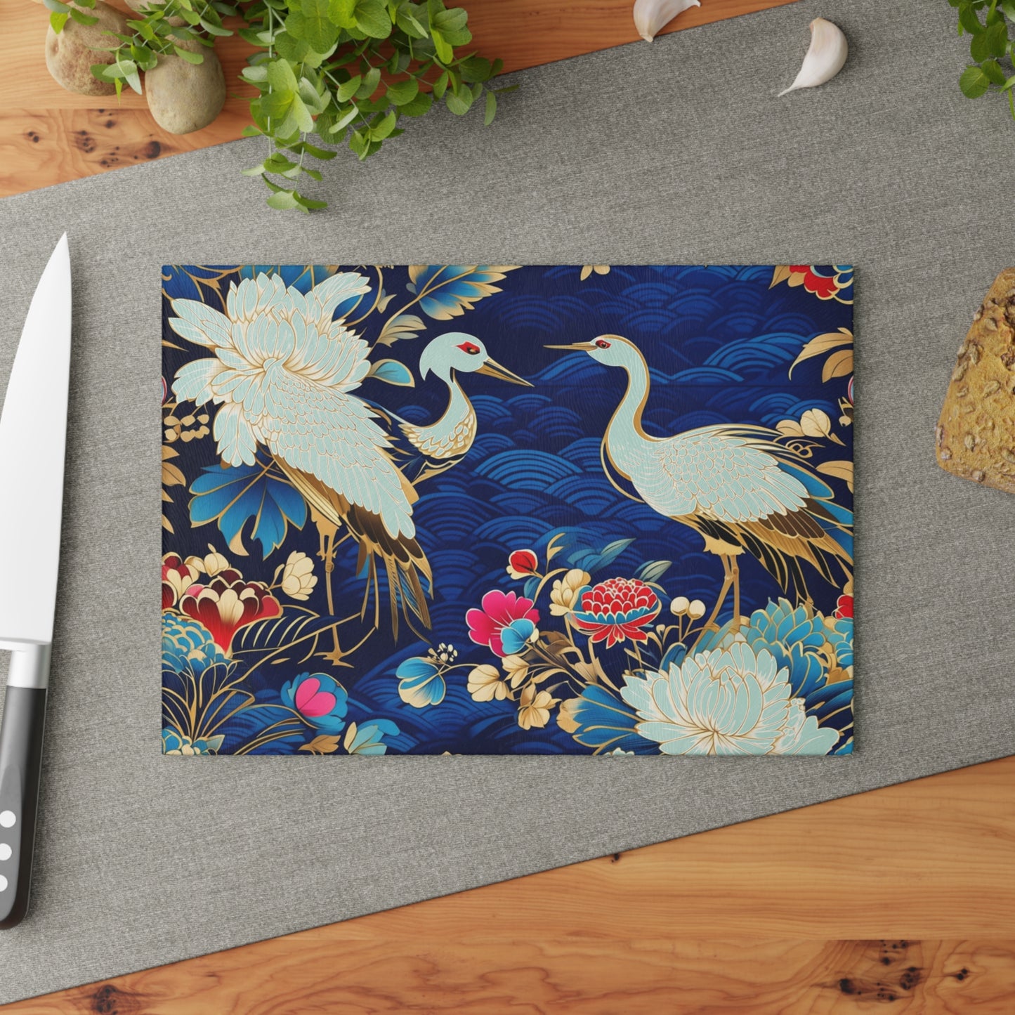 Glass Cutting Board - Elegant Japanese Crane & Peony Floral Pattern