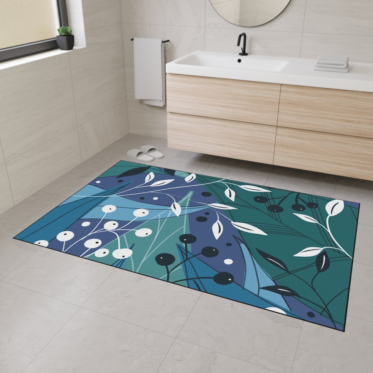 Botanical Blue Heavy-Duty Floor Mat — Durable Floral Entrance Rug