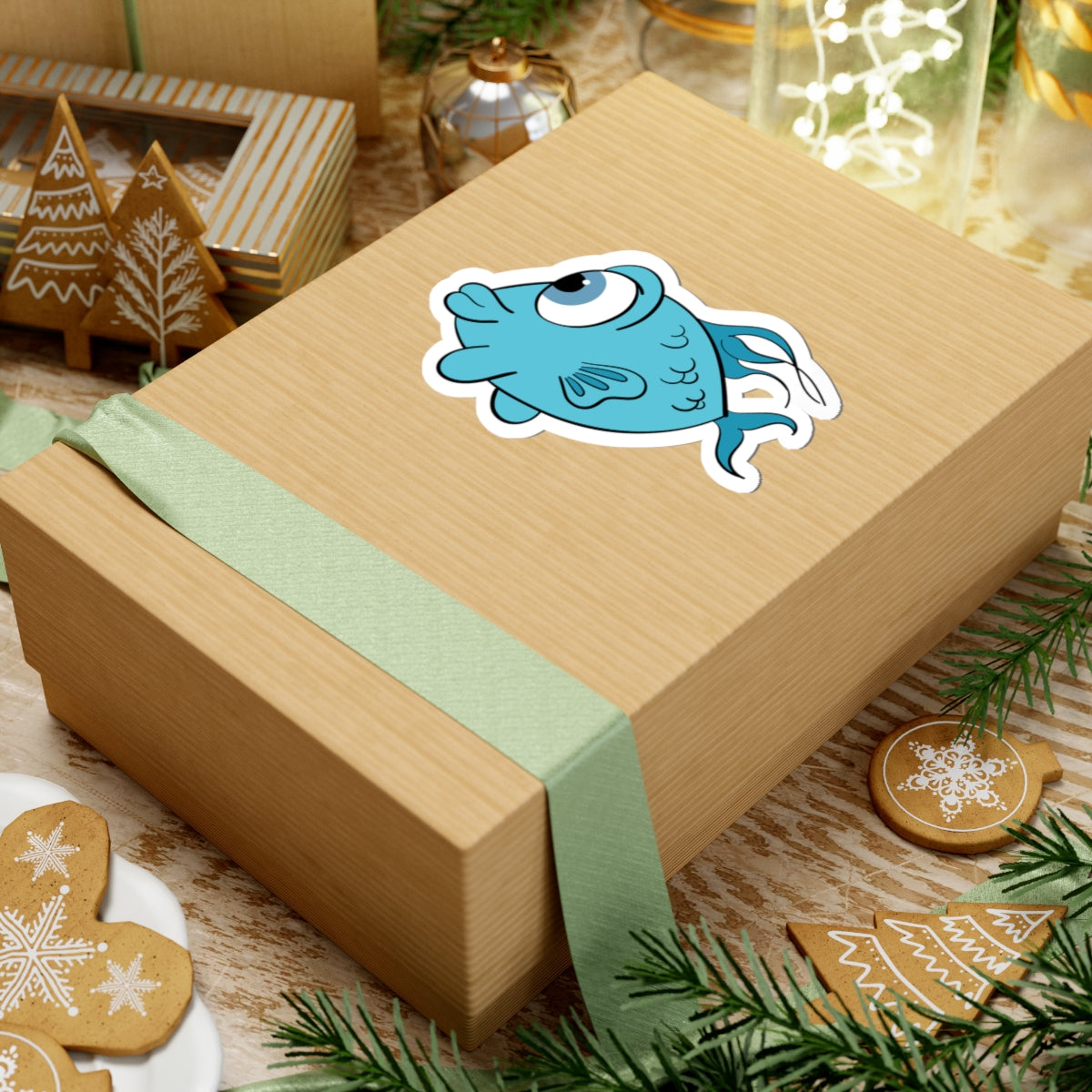 Cute Blue Cartoon Fish Kiss-Cut Sticker — Waterproof Laptop & Water Bottle Decal
