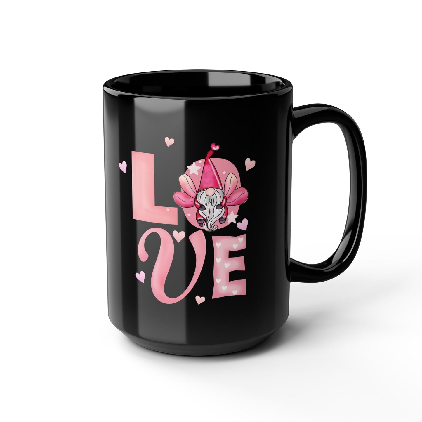 Love Florals 15oz Black Mug — Pink Heart & Lotus Coffee Cup