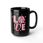Love Florals 15oz Black Mug — Pink Heart & Lotus Coffee Cup